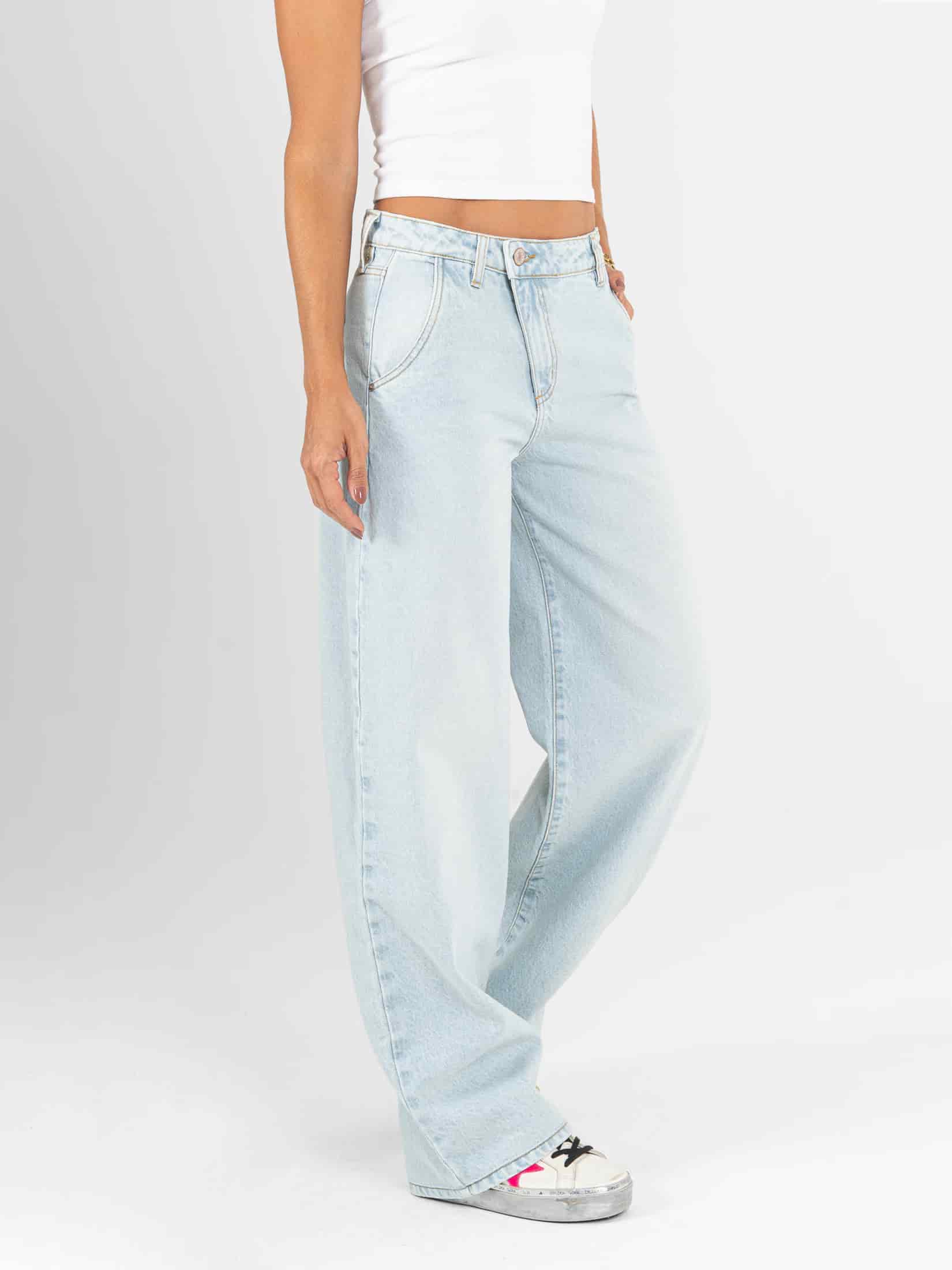 Ref: 066441 Jean wide leg, rígido, tiro alto, detalle en pretina, con cortes, tono azul claro - miniatura 3