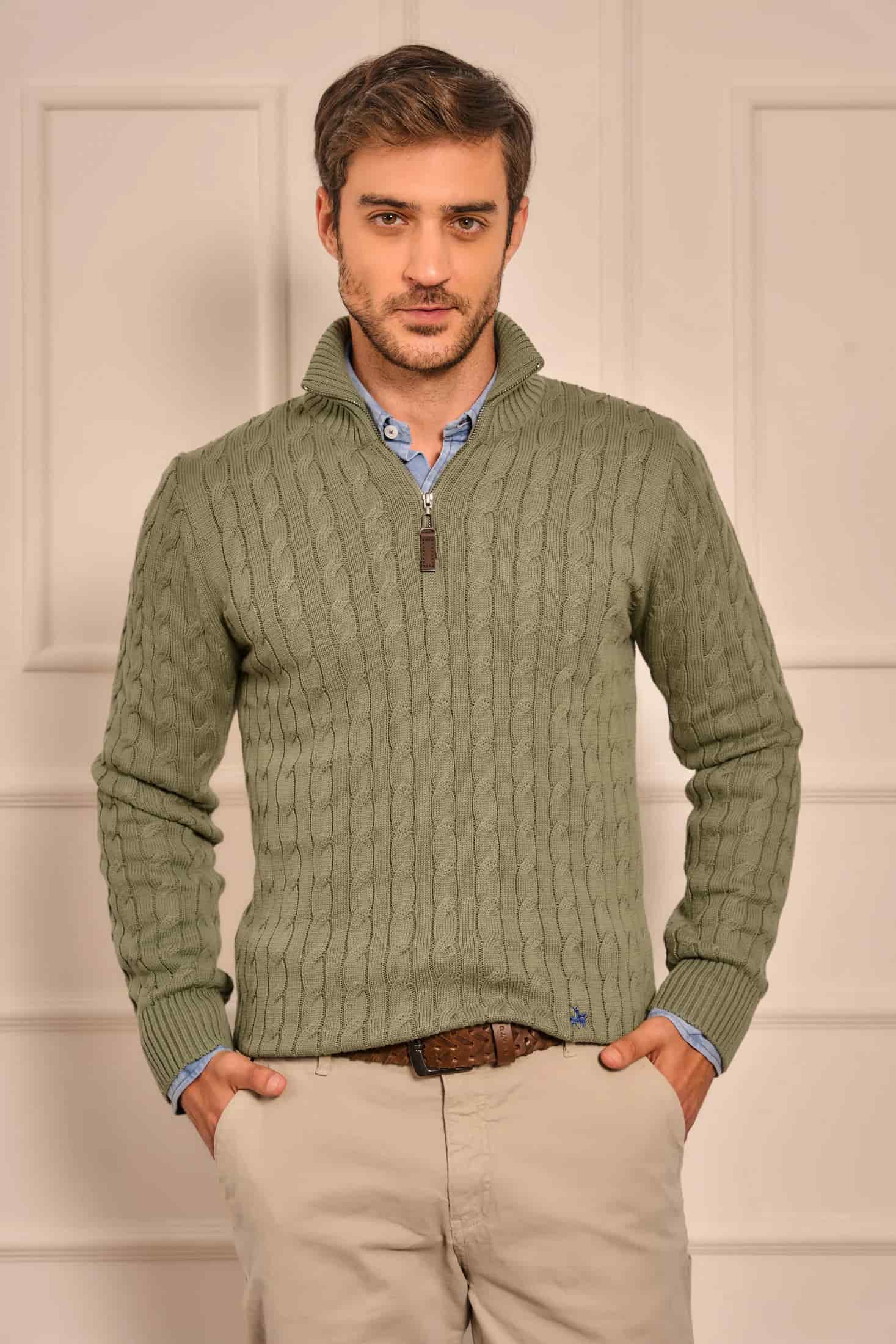 Suéter Halfzip Trenzado Hombre Verde Alamo - miniatura 1