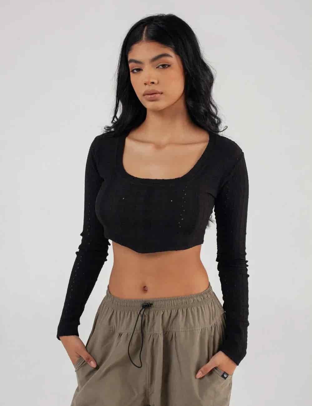 Crop Top manga larga Net negro Mujer - miniatura 8