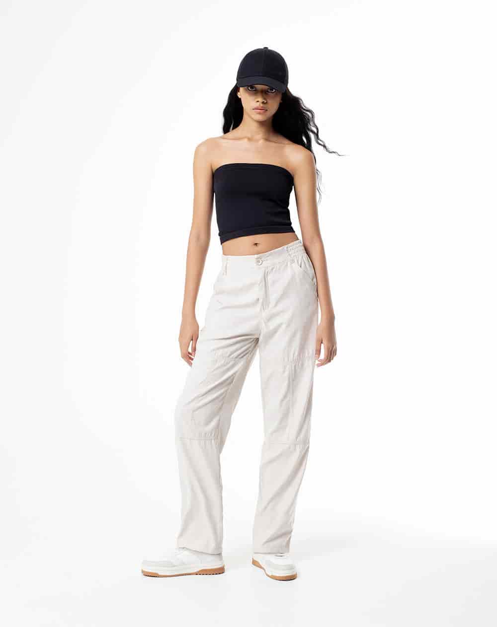 Pantalón recto tiro medio habano mujer - miniatura 1