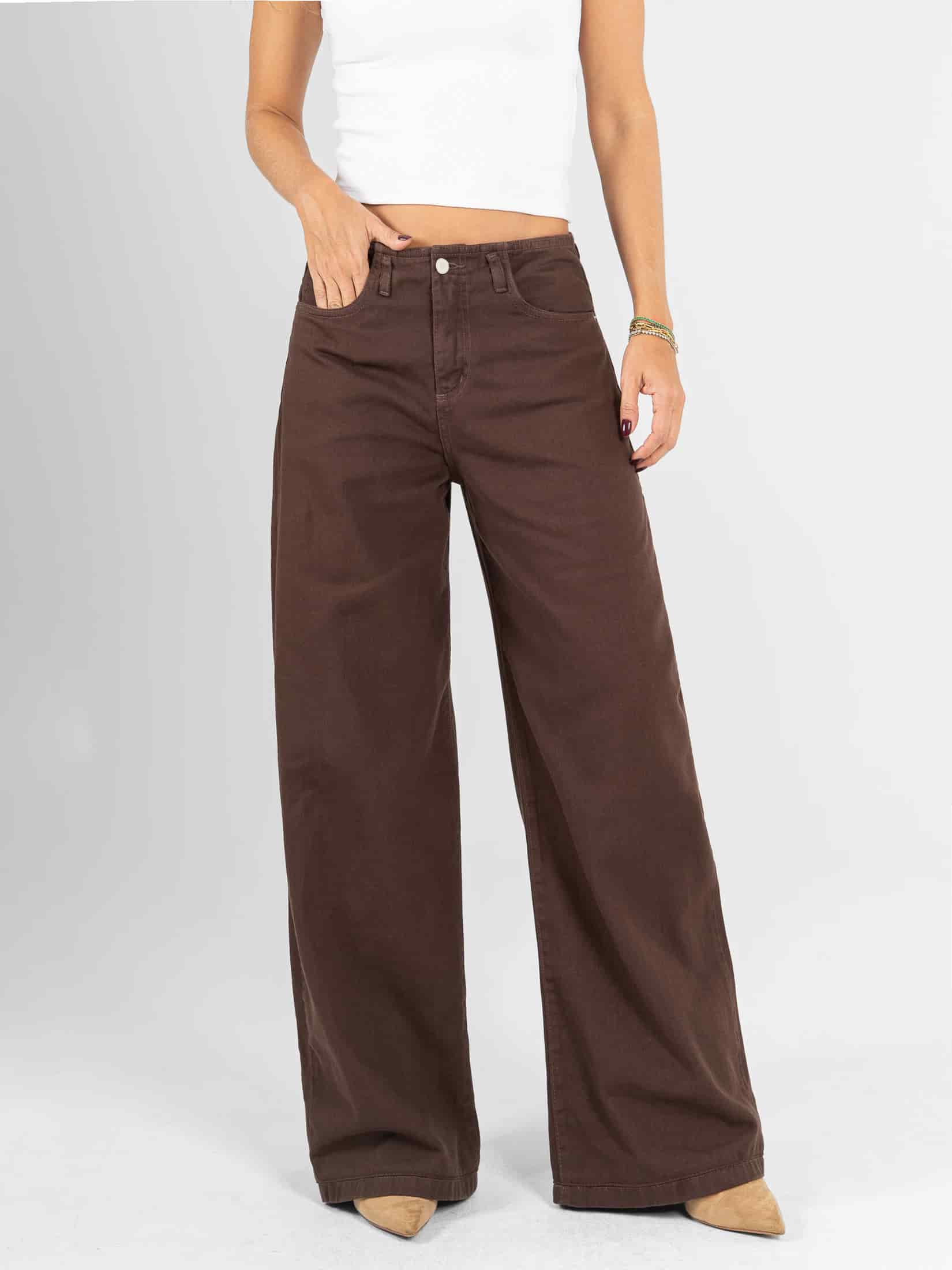 Ref: 0620562 Pantalón wide leg, rígido, tiro alto, detalle en pretina, tono café - miniatura 1