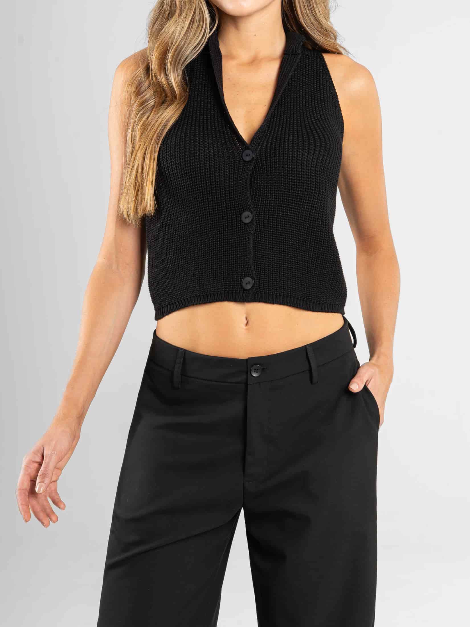 Ref: 0610604 Chaleco tejido acanalado, botones, tono negro - miniatura 1