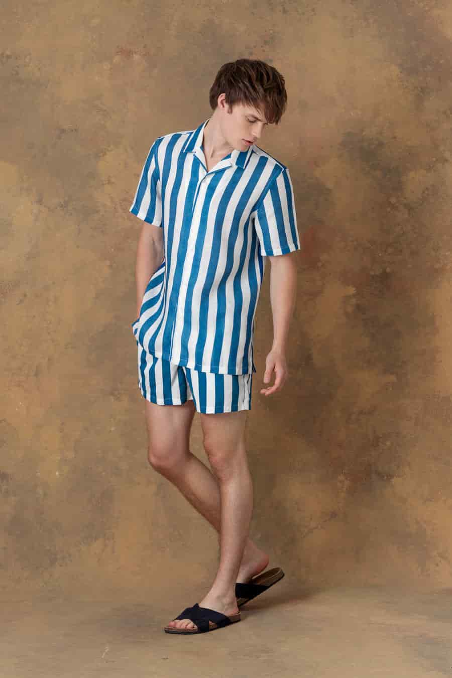 Men's linen shirt bowling nerida striped blue - miniatura 6