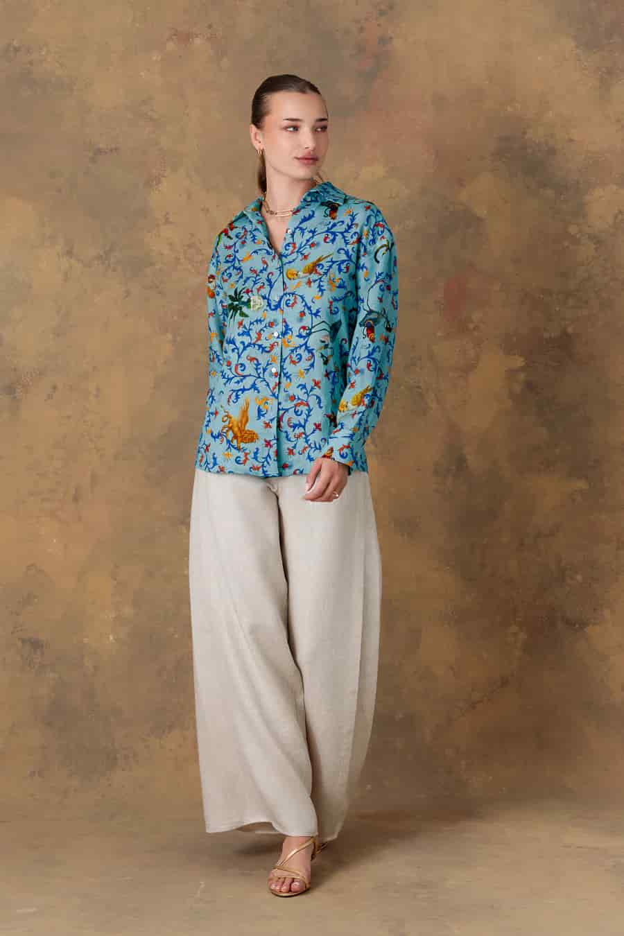 Women's shirt linen delphos turquoise - miniatura 2
