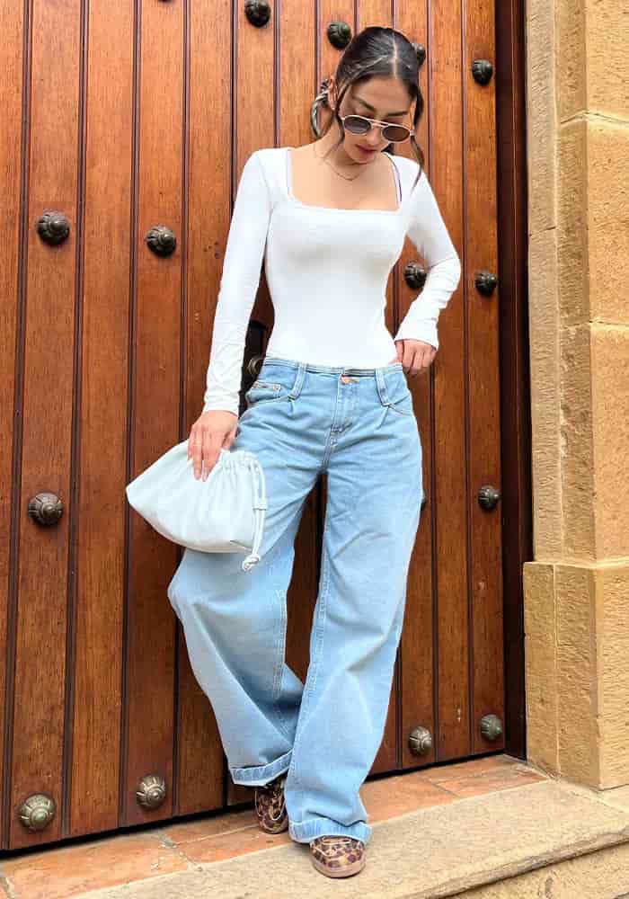 Wide Leg Baggy Tiro Bajo Sin Pretina Azul Claro - miniatura 2