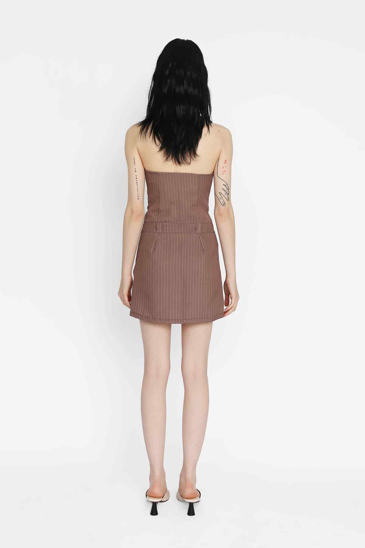 Strapless Mini Dress in Brown Pinstripe - miniatura 3