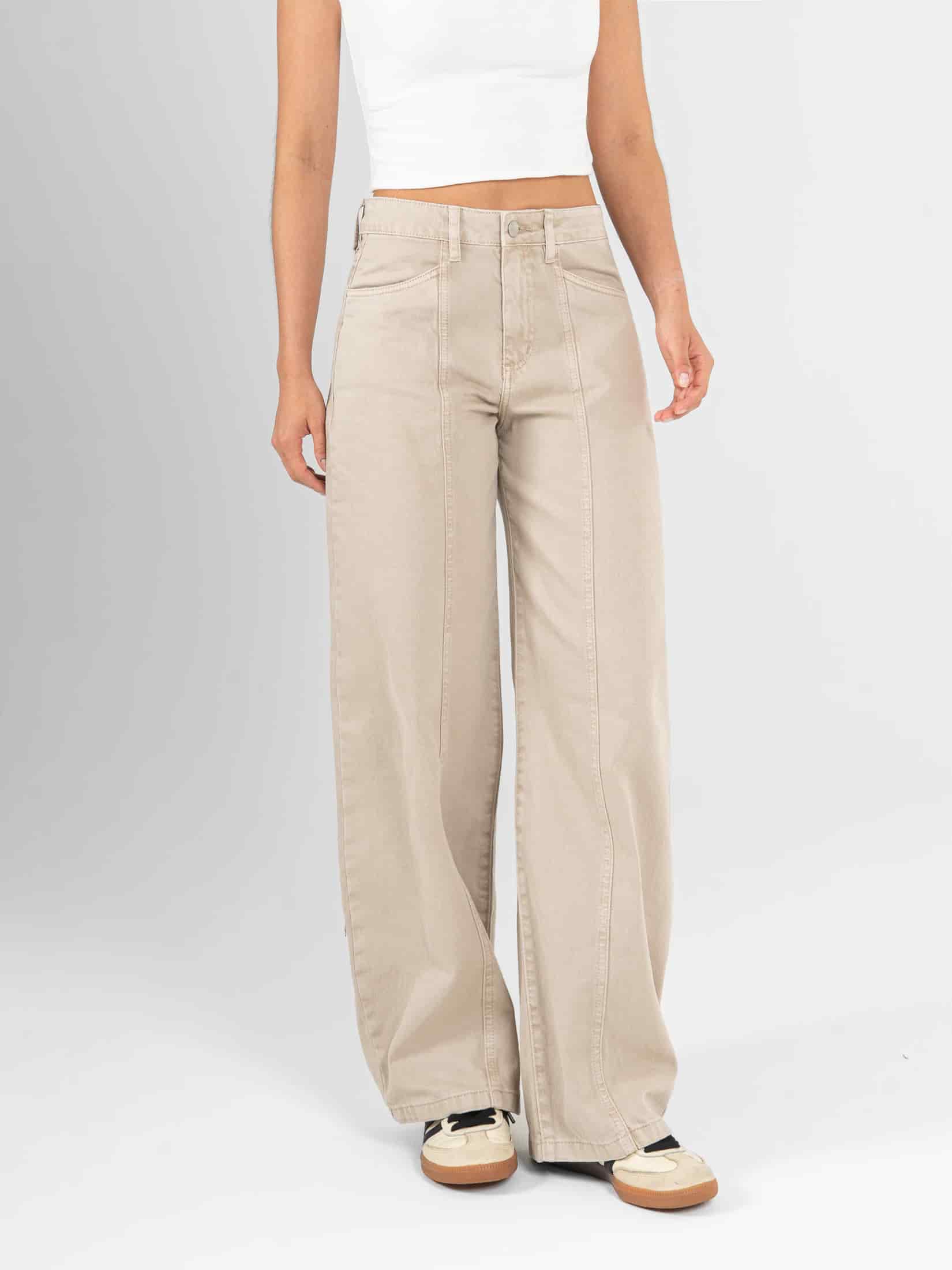 Ref: 0620451 Pantalón wide leg, rígido, tiro alto, con cortes, tono caqui - miniatura 1