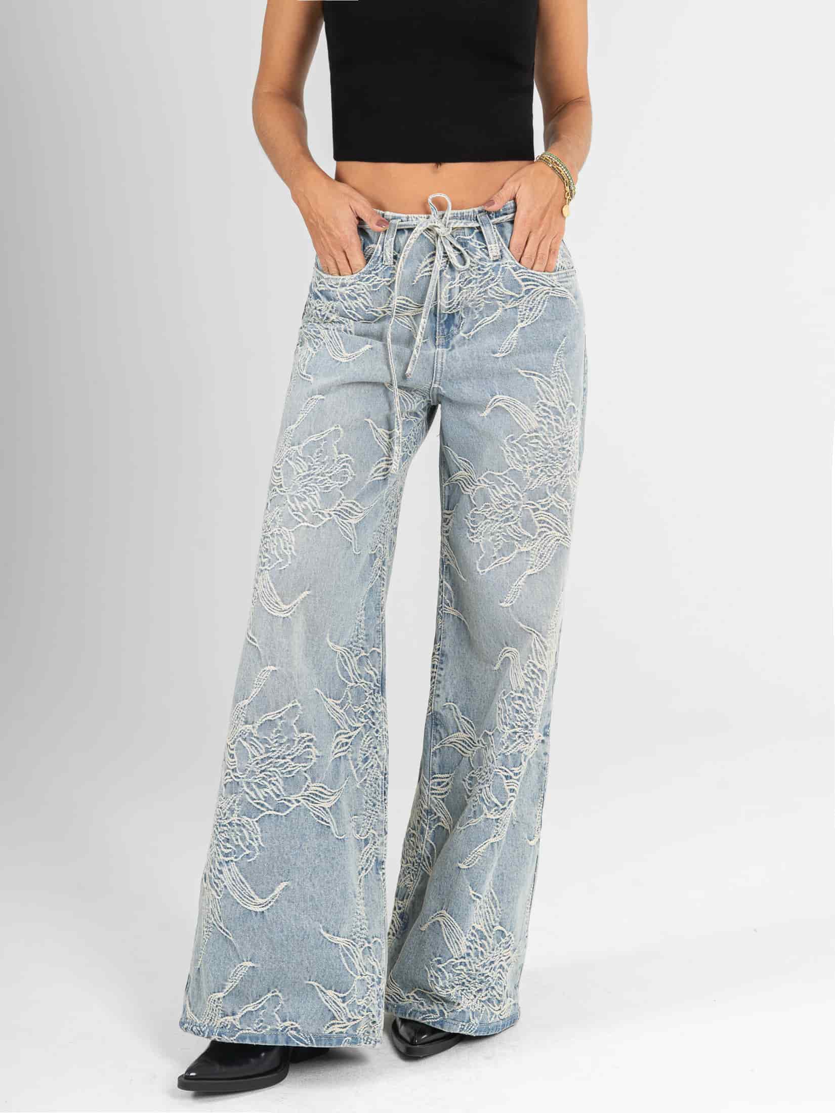 Ref: 066542 Jean palazzo, detalle en pretina, tiro alto, tono azul medio claro - miniatura 1