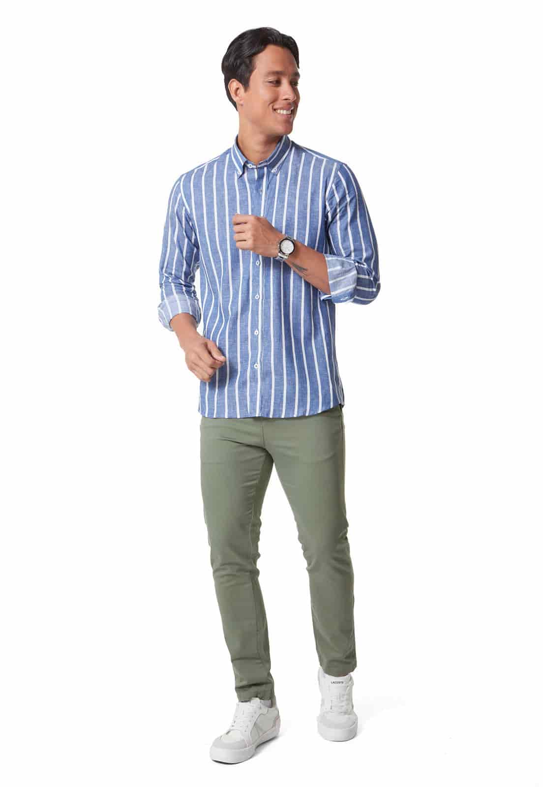 Camisa en Lino azul con rayas blancas - miniatura 4