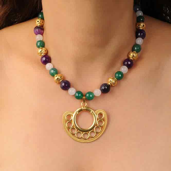 Collar Piedra Semipreciosa Ágatas Morada y Verde, Cuarzo Rosado y Dije Extragrande Nariguera Filigrana Simple Sinú - miniatura 2