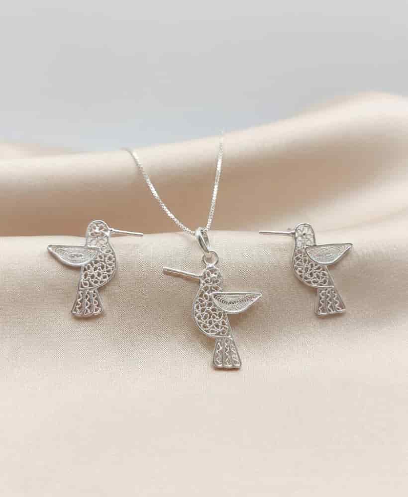 Juego Cadena Aretes Colibrí en Plata ley 950 Filigrana - miniatura 2