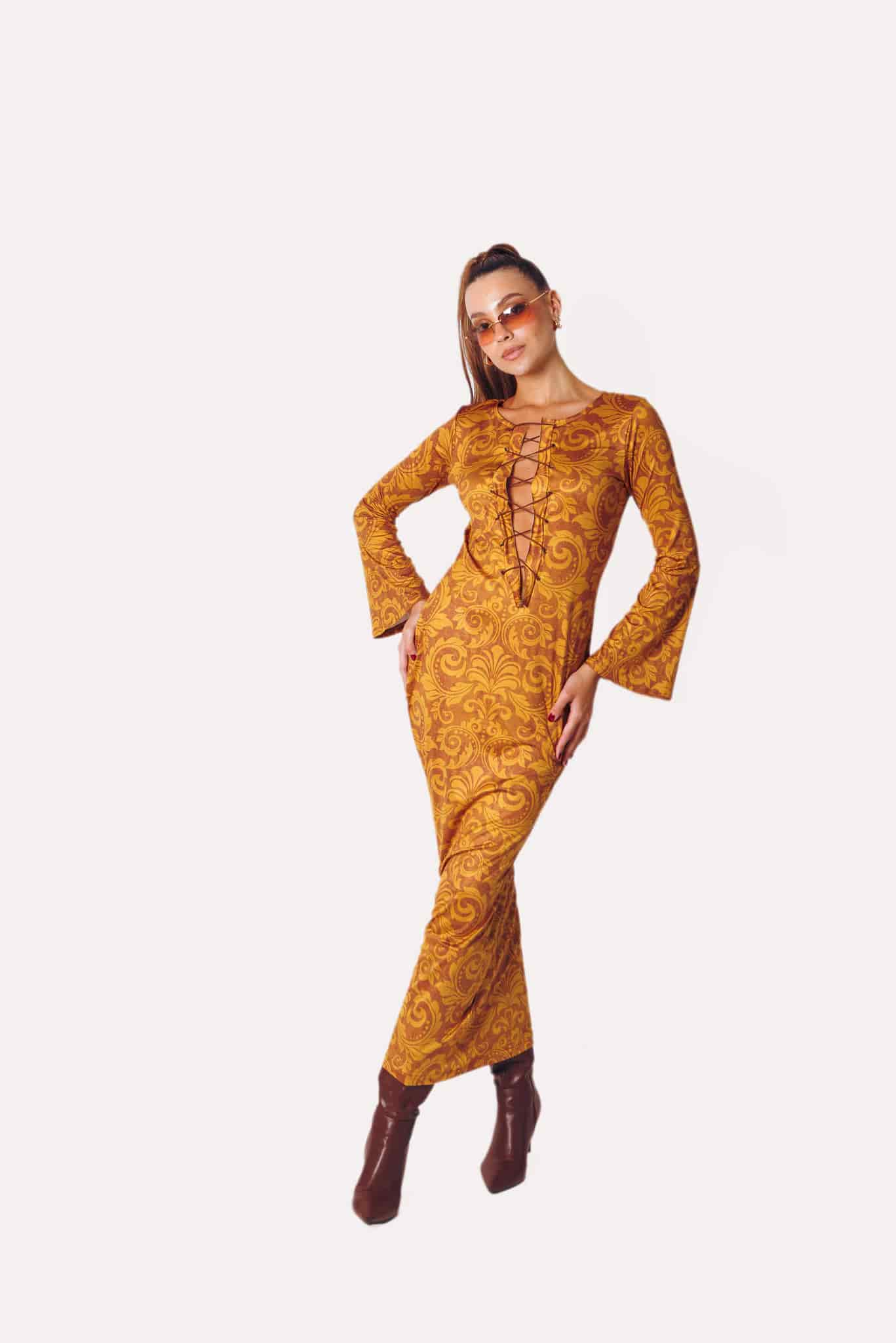 Lace-Up Maxi Dress in Golden Spice - miniatura 1
