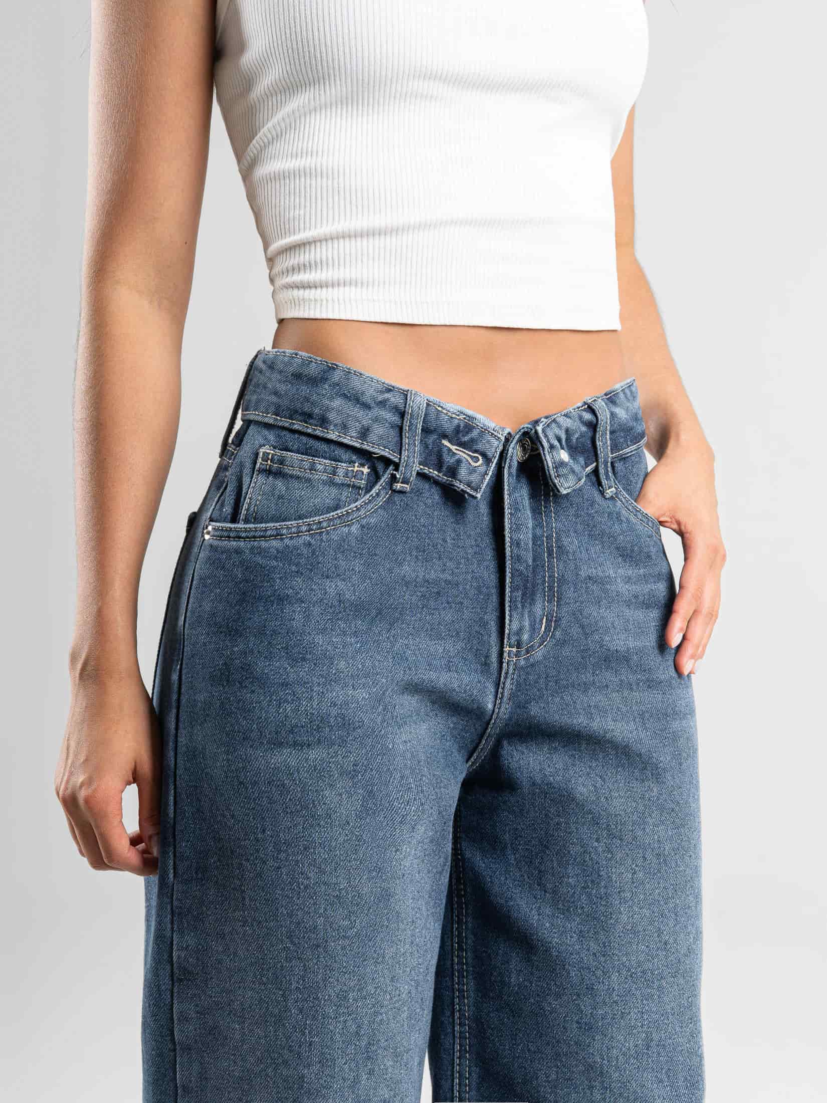 Ref: 066570 Jean wide leg, rígido, tiro medio, detalle en pretina, tono azul medio oscuro - miniatura 4