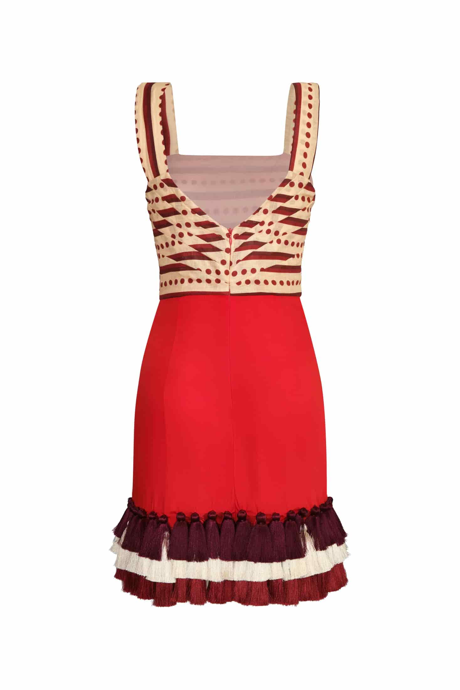 Micaela Linen Mini Dress / Red Stripes & Handmade Wine Tassels - miniatura 3