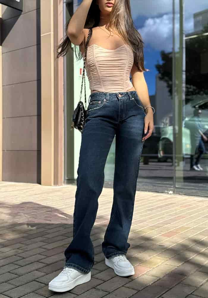 Jeans Straight Leg Azul Oscuro Dirty Tiro Bajo - miniatura 12
