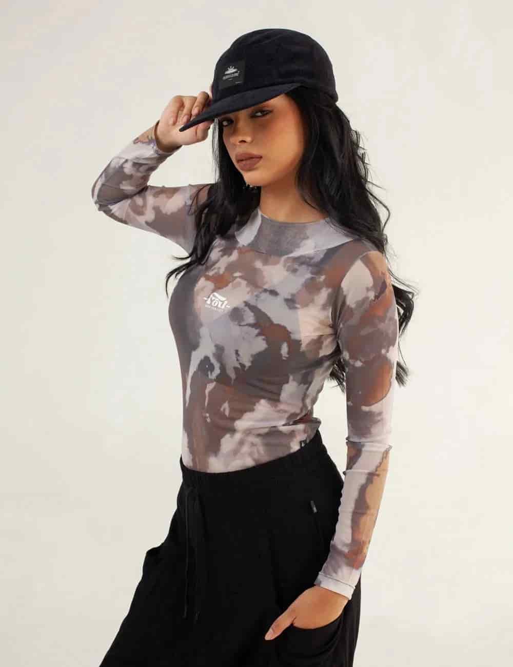 Crop Top Largo Mesh Manga Larga Butterfly verde militar Mujer - miniatura 3