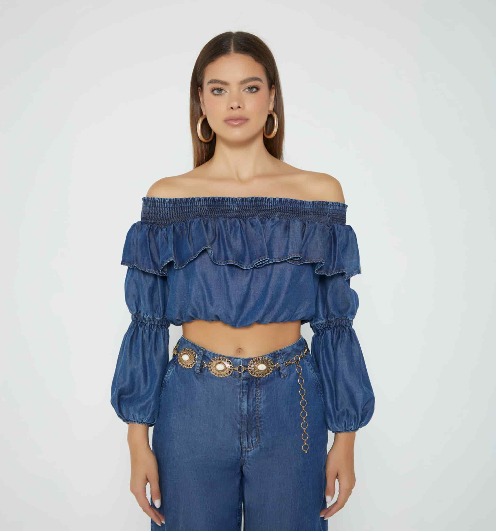 Blusa escote bandeja ruchada - miniatura 1