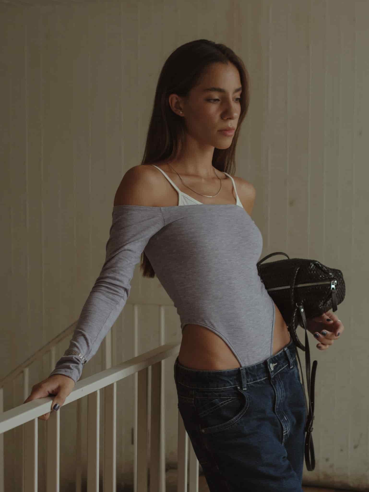 DOUBLE LAYER BODYSUIT - JASPE GRAY & CREAMY - miniatura 10
