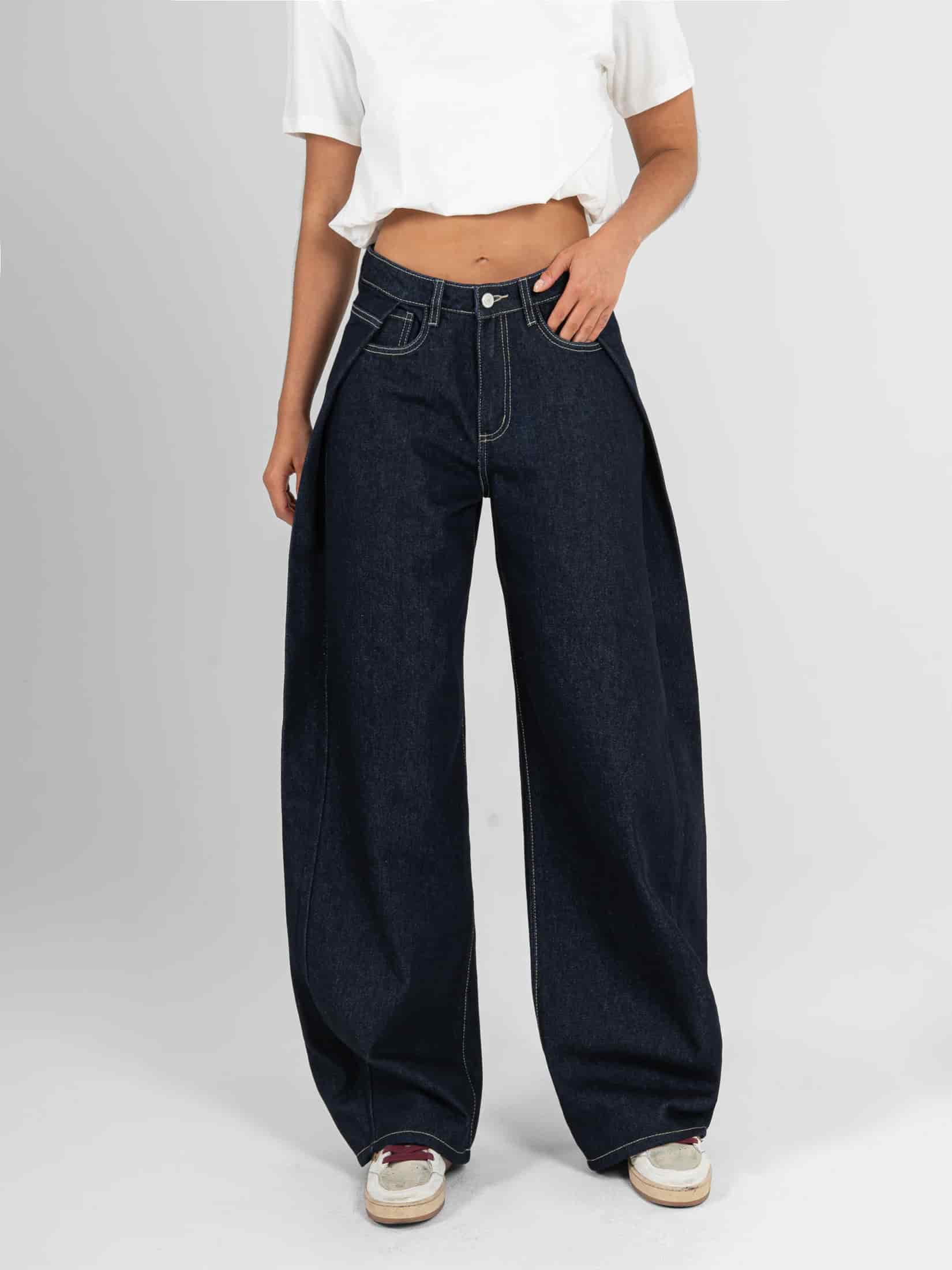 Ref: 066571 Jean wide leg , rígido, tiro medio, detalle de pliegue en costado, tono azul oscuro - miniatura 1