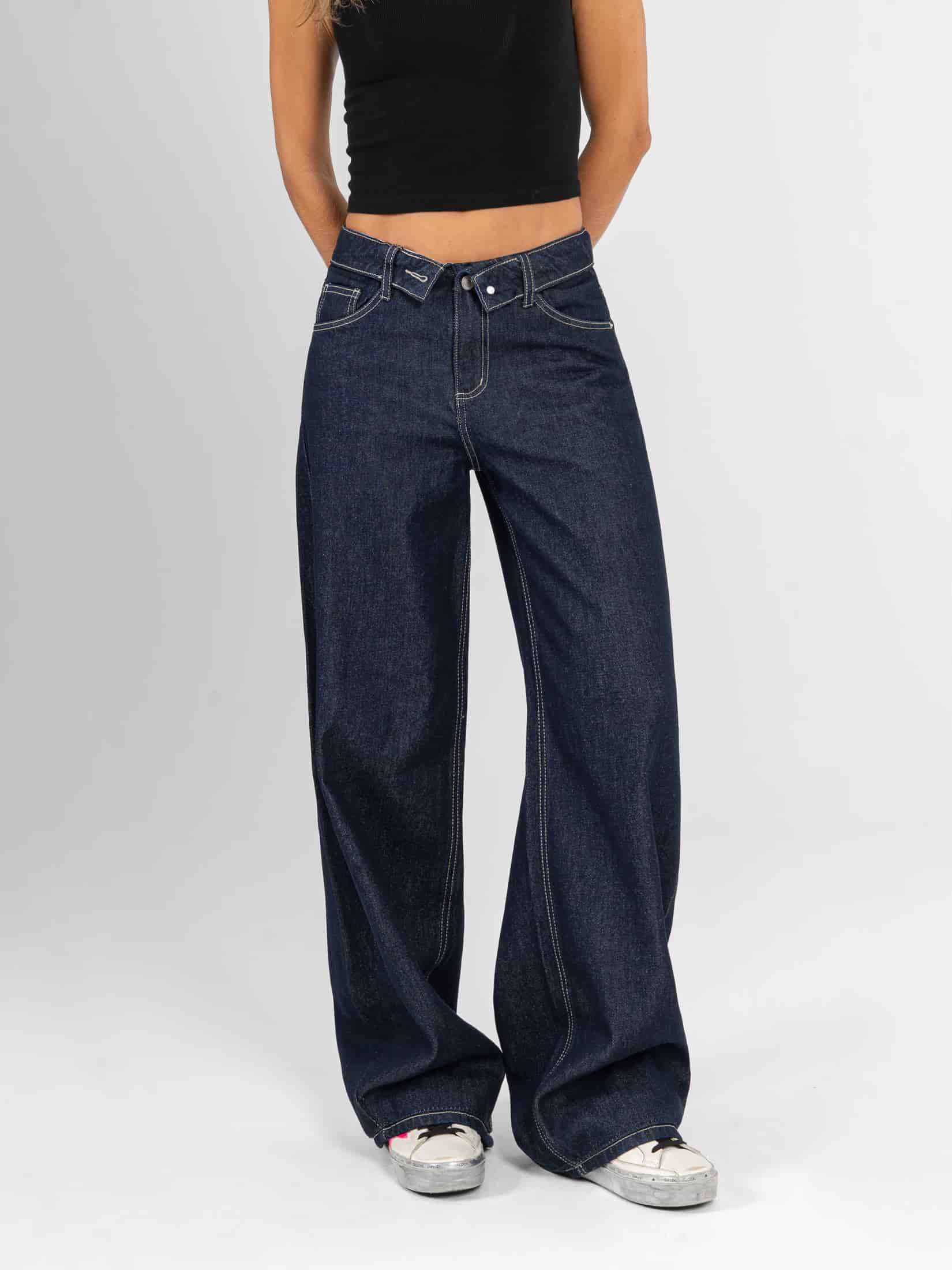 Ref: 066424 Jean wide leg, rígido, tiro medio, detalle en pretina, tono azul oscuro - miniatura 3