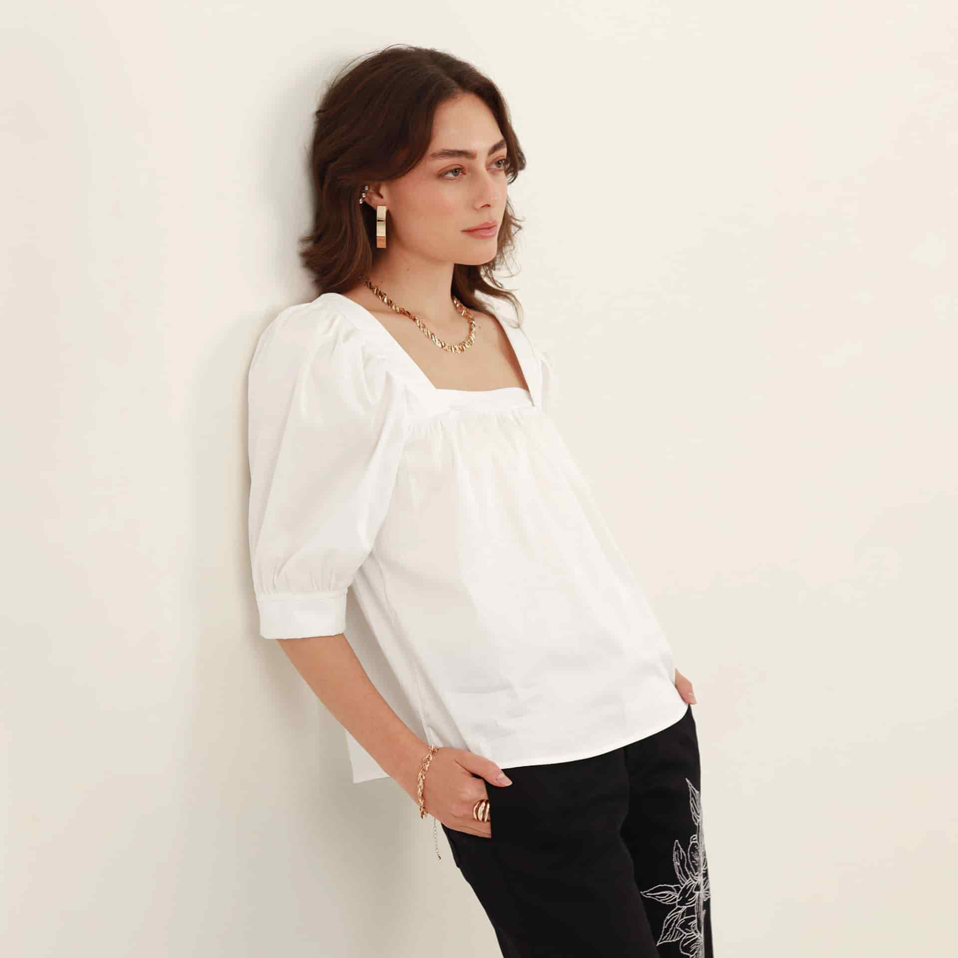 Blusa ancha cuello cuadrado manga globo 3/4 - miniatura 3