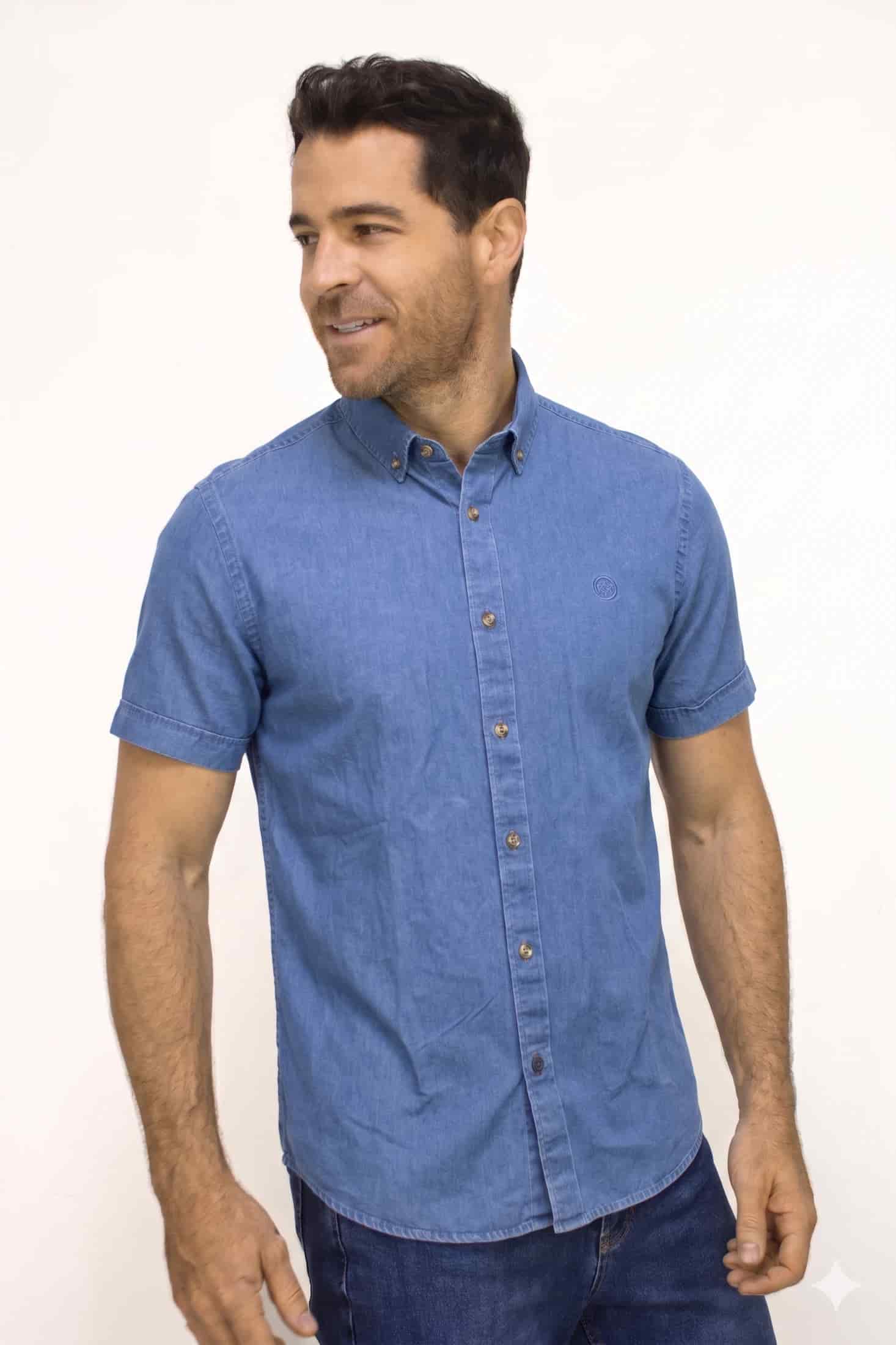 Camisa Manga Corta Denim Para Hombre - miniatura 2