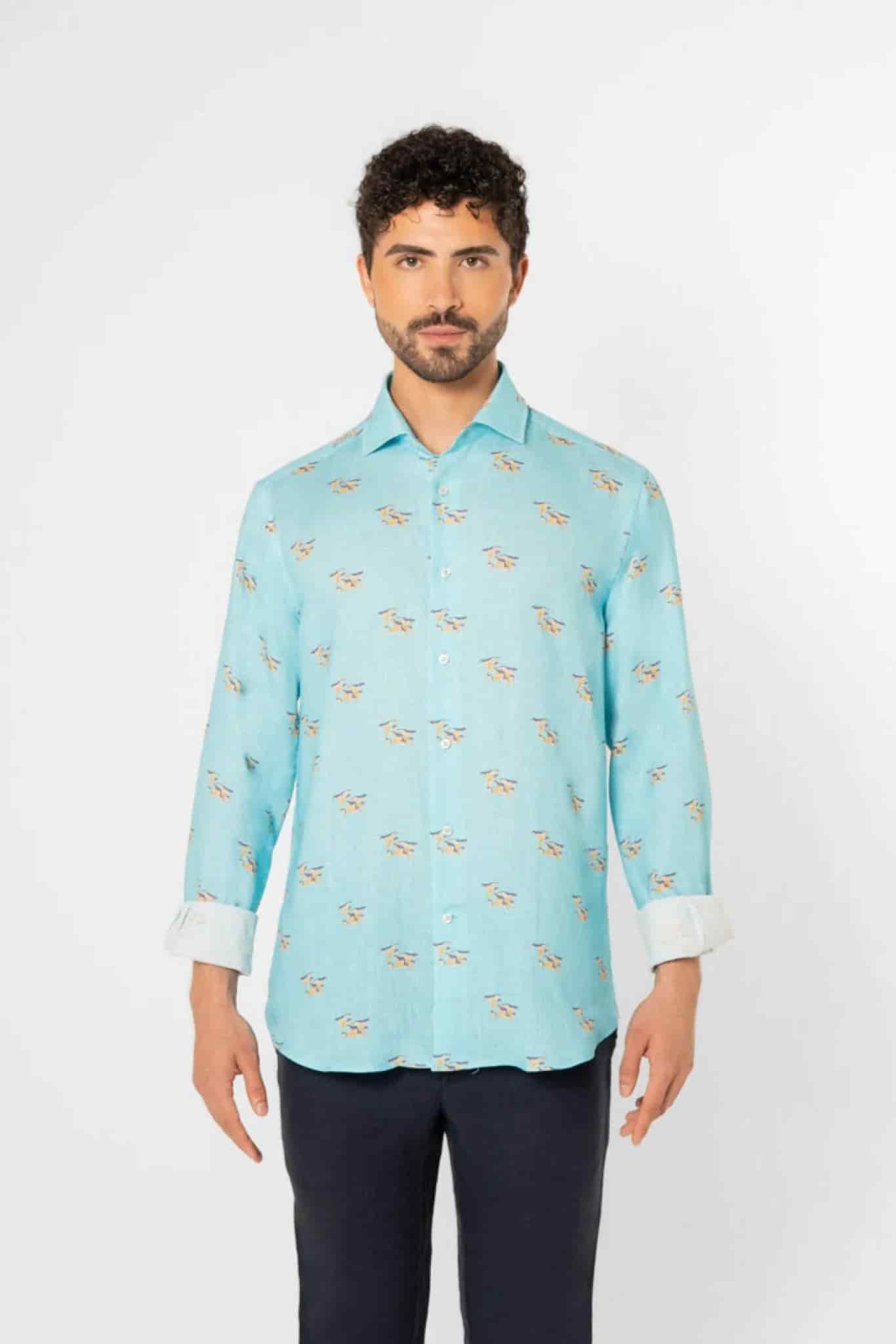 Men's linen shirt turquoise mushroom - miniatura 7