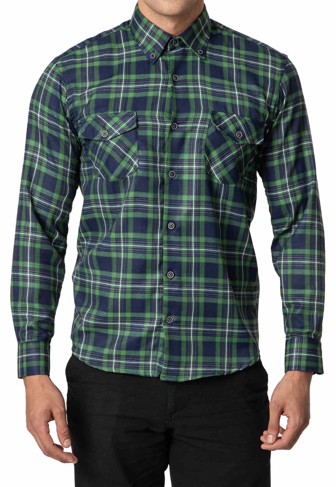 Camisa leñadora doble bolsillo verde, azul y blanco - miniatura 3