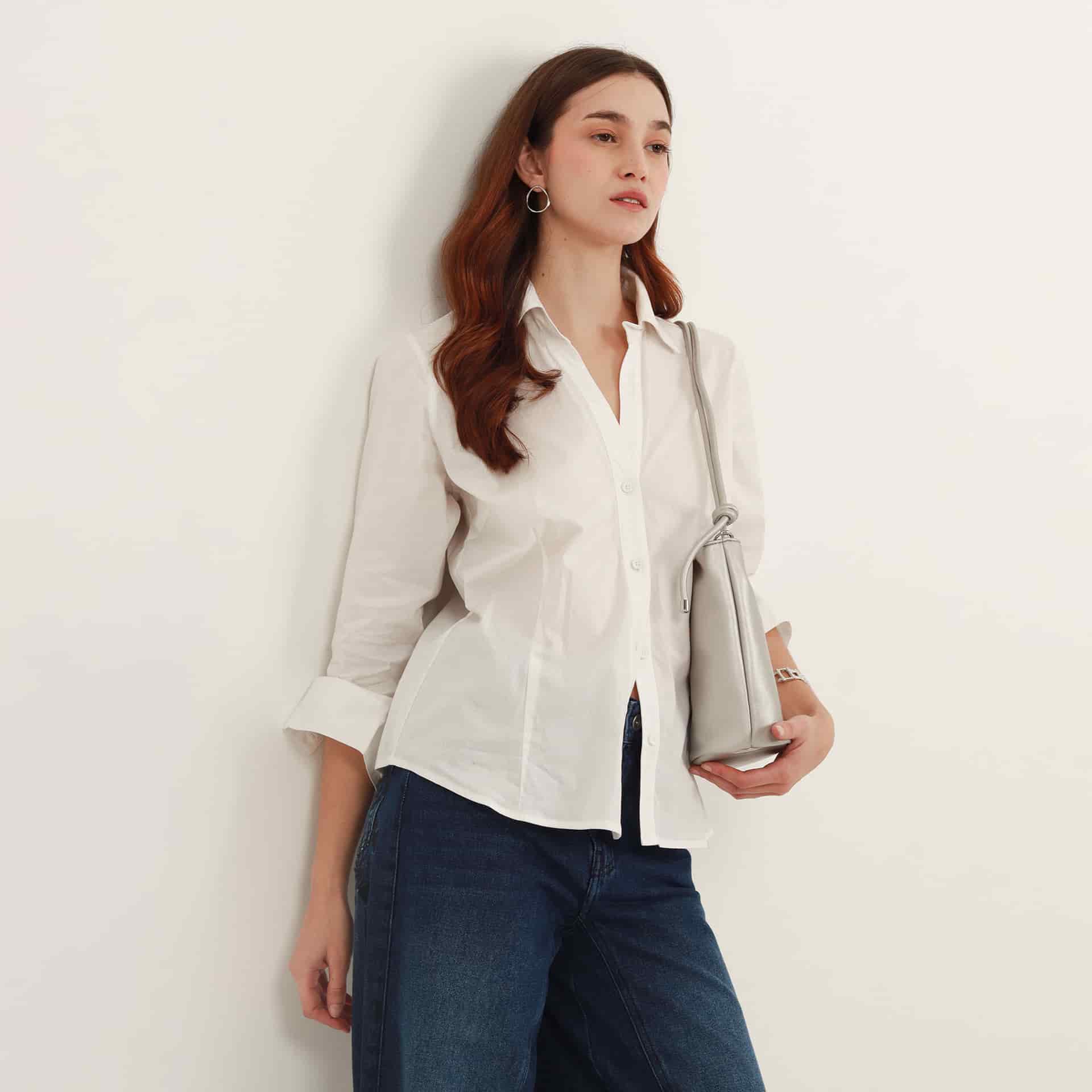 Blusa abierta cuello sport manga larga con pinzas de entalle - miniatura 7