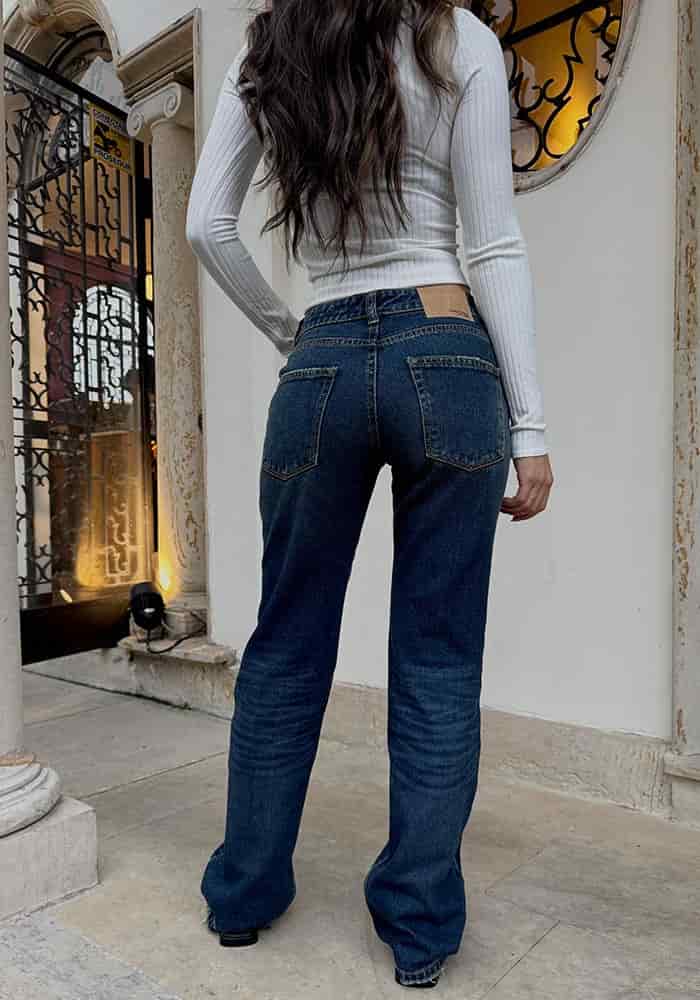 Jeans Straight Leg Azul Oscuro Dirty Tiro Bajo - miniatura 8