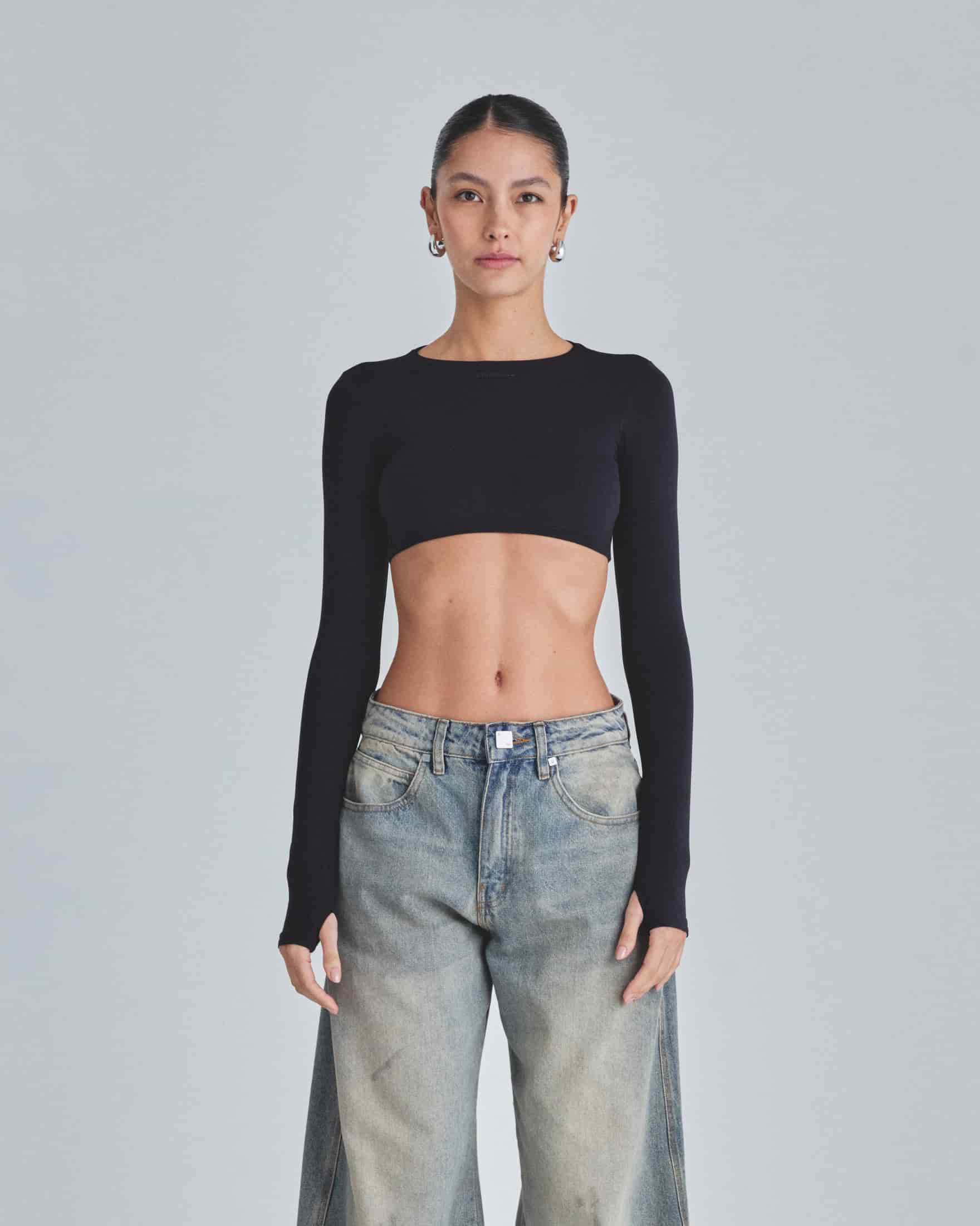Line Basic Long Sleeve Cropped Tshirt Black - miniatura 2