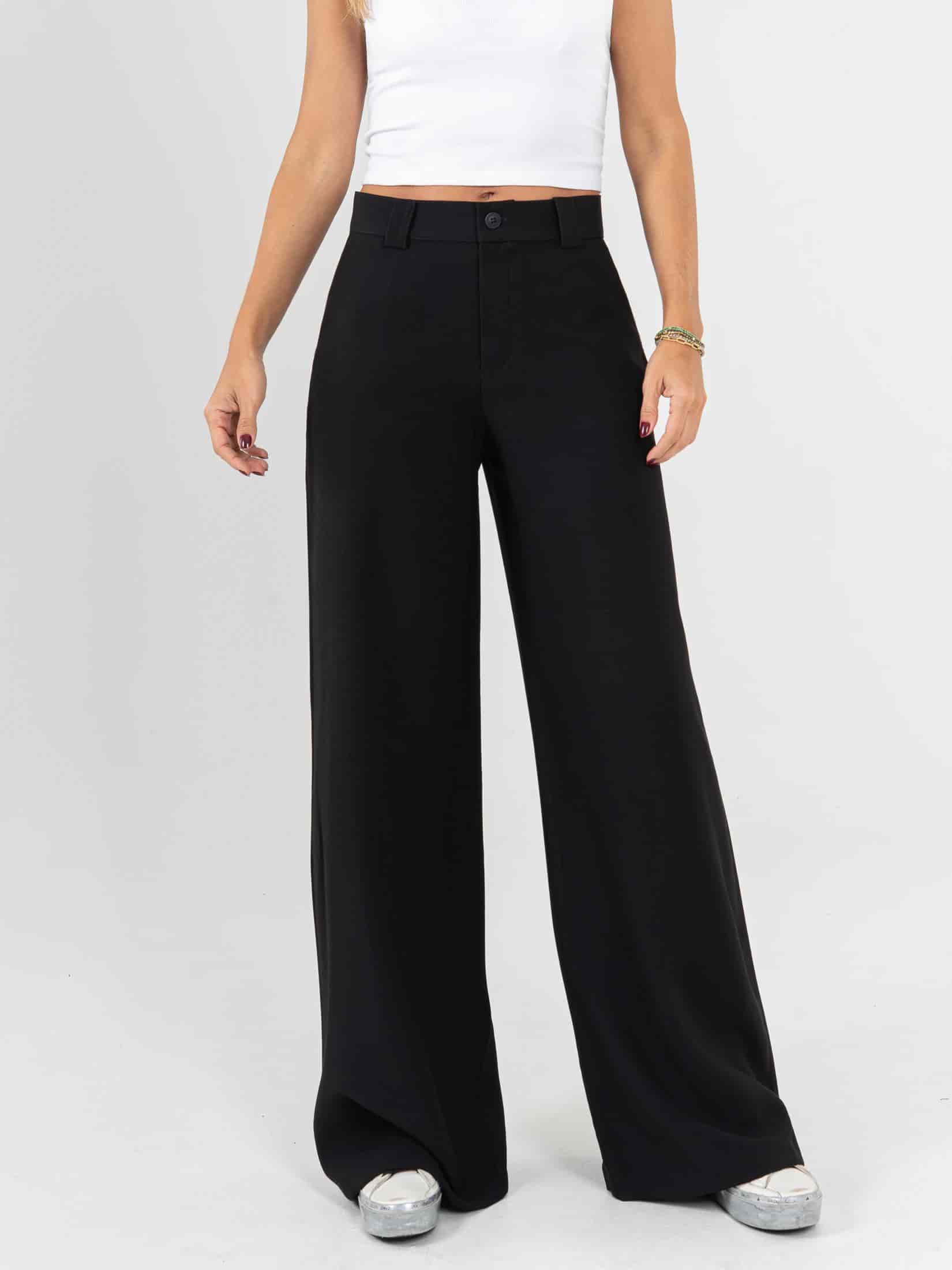 Ref: 0620601 Pantalón palazzo, tejido plano liviano, tiro alto, tono negro - miniatura 1