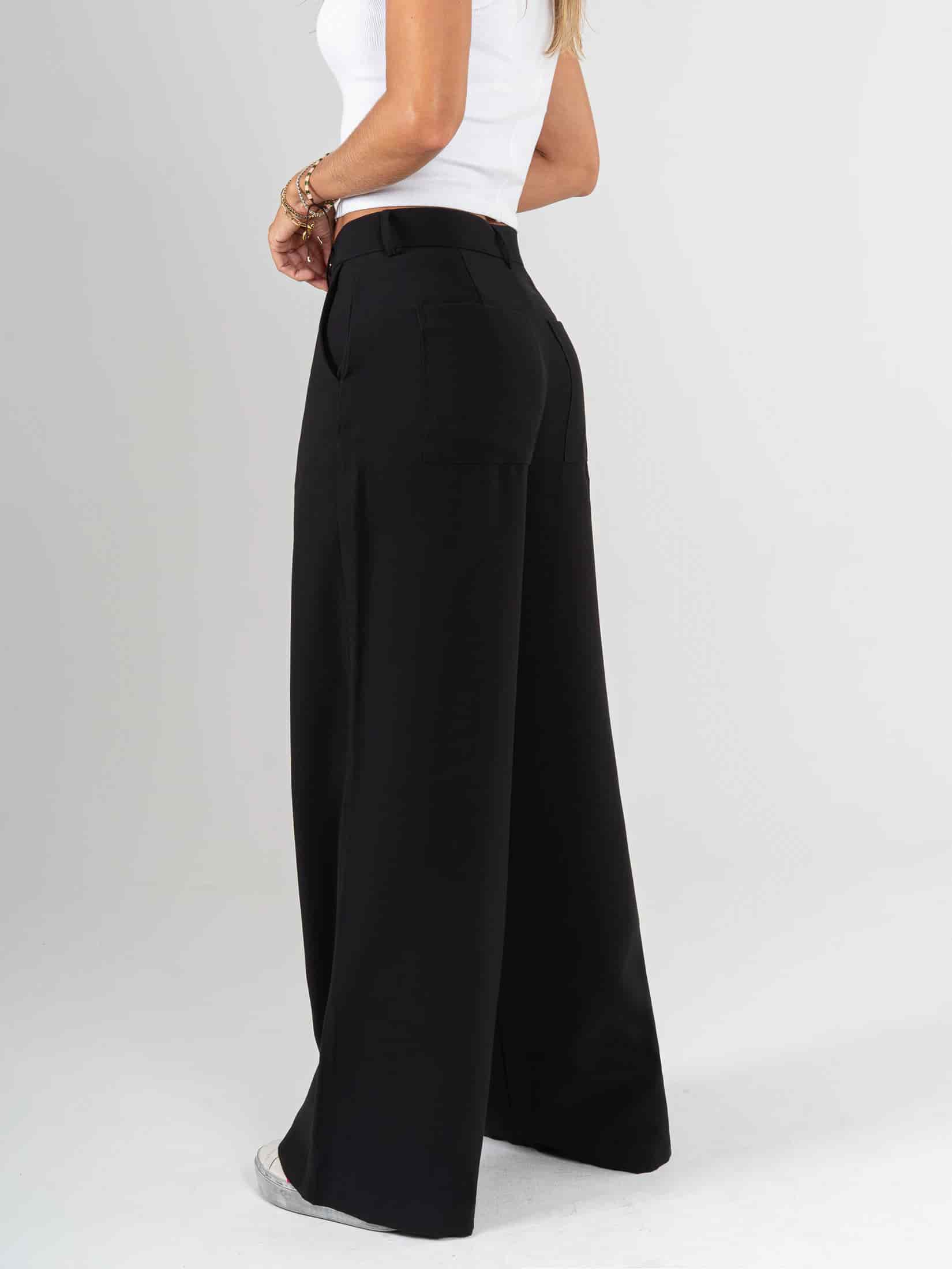 Ref: 0620244 Pantalón palazzo, sin prenses, con cortes, tono negro, tejido plano liviano, tiro alto - miniatura 2