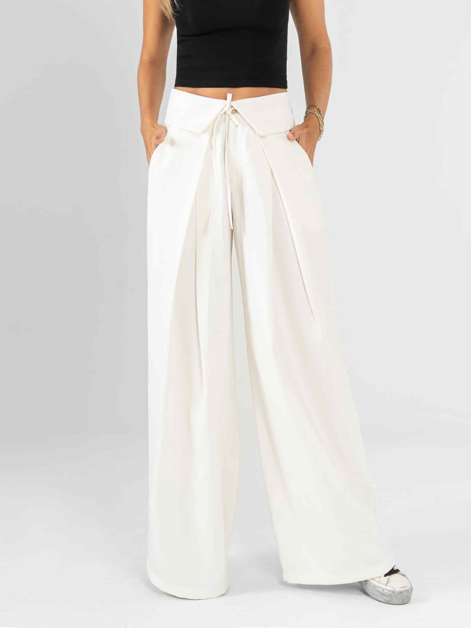 Ref: 0620436 Pantalón palazzo, prenses, tejido plano liviano, detalle en pretina, tono ivory - miniatura 1