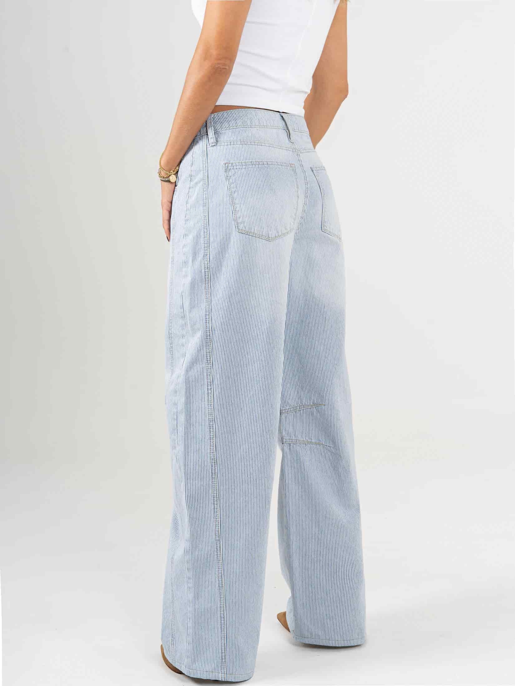 Ref: 066089 Jean wide leg, rayas, rígido, tiro alto, tono azul, pinzas en pierna - miniatura 3