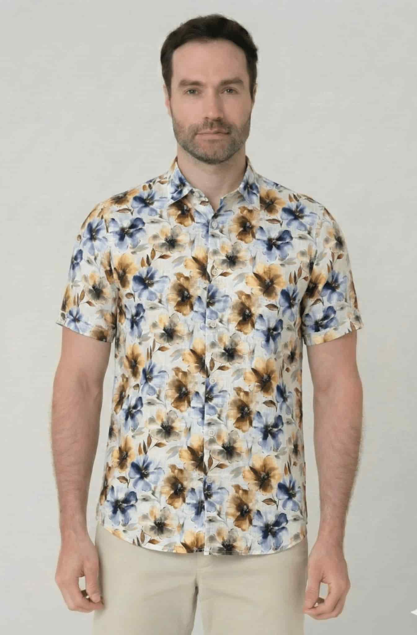 Camisa manga corta en Lino estampado de  flores para hombre Jon Sonen 017225024 - miniatura 1