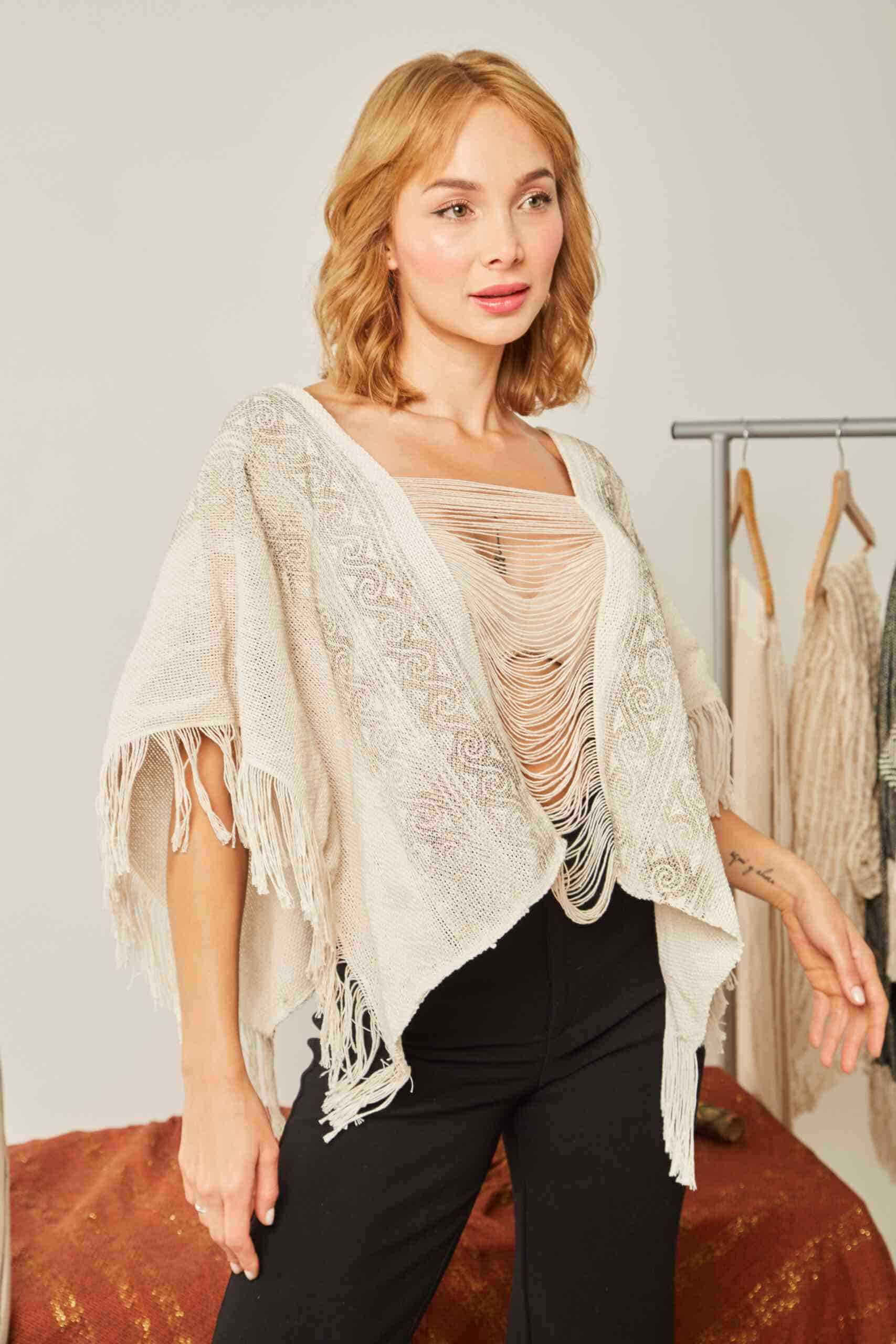 Poncho Onda de Mar Corto Crudo Estampación Artesanal - miniatura 1