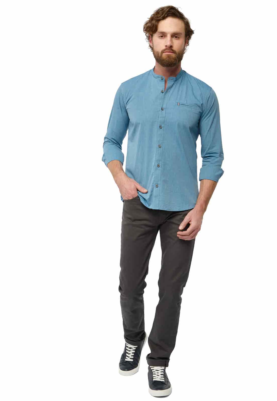 Camisa cuello neru azul indigo claro con bolsillo de ribete - miniatura 3
