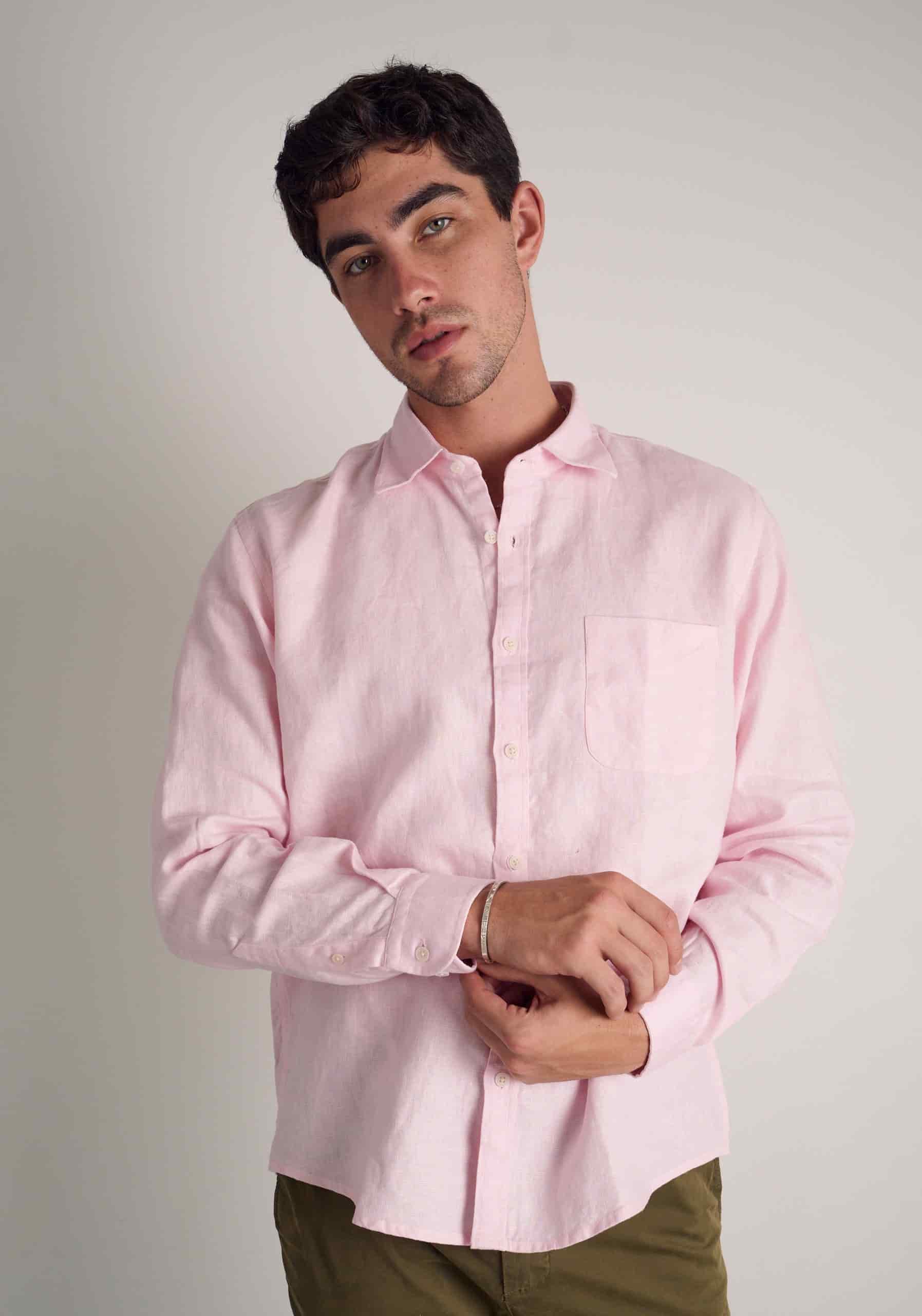 Camisa H CI Lino Unicolor Bols Rosado Claro - miniatura 2