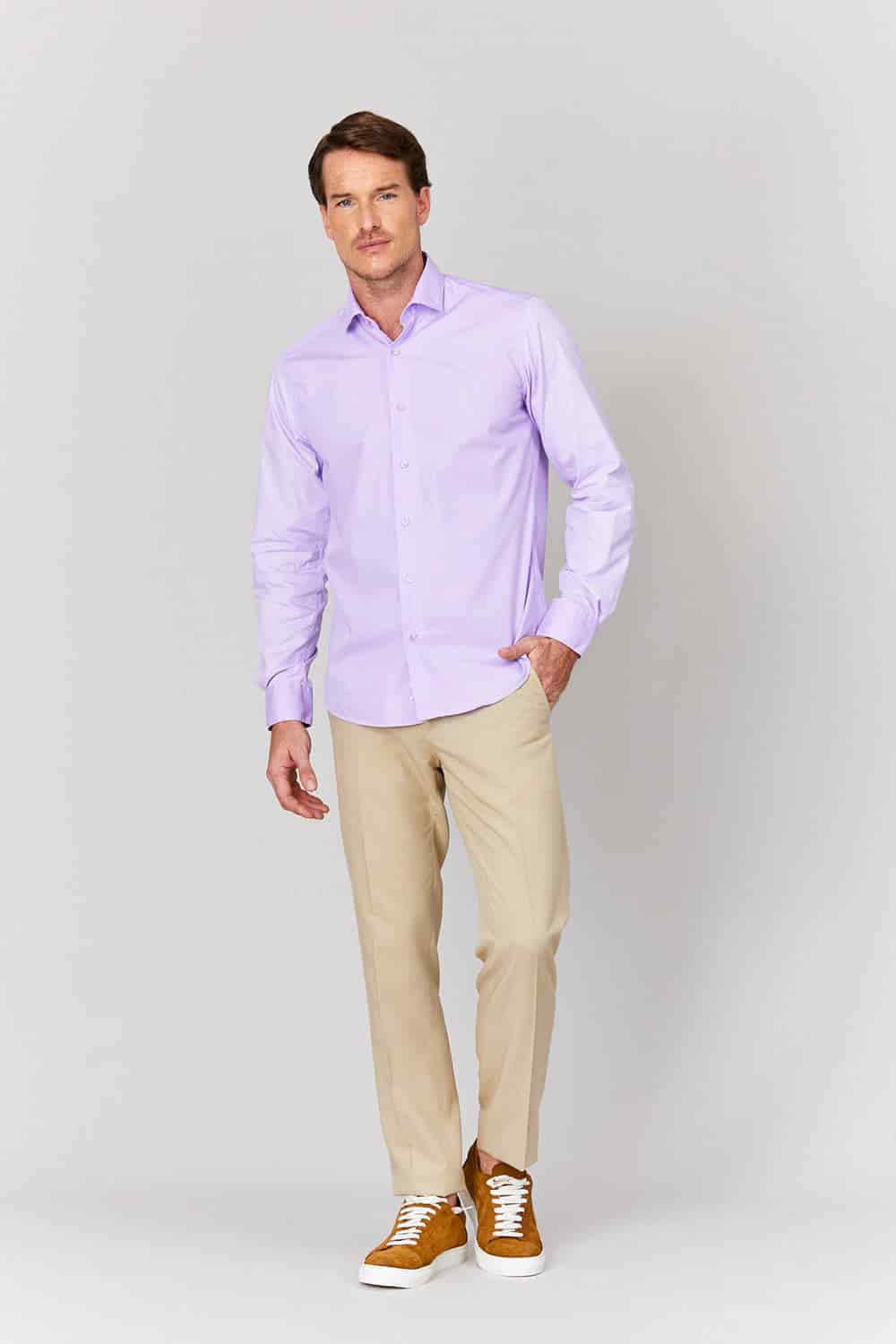 Men's basic lilac cotton muslin shirt - miniatura 3