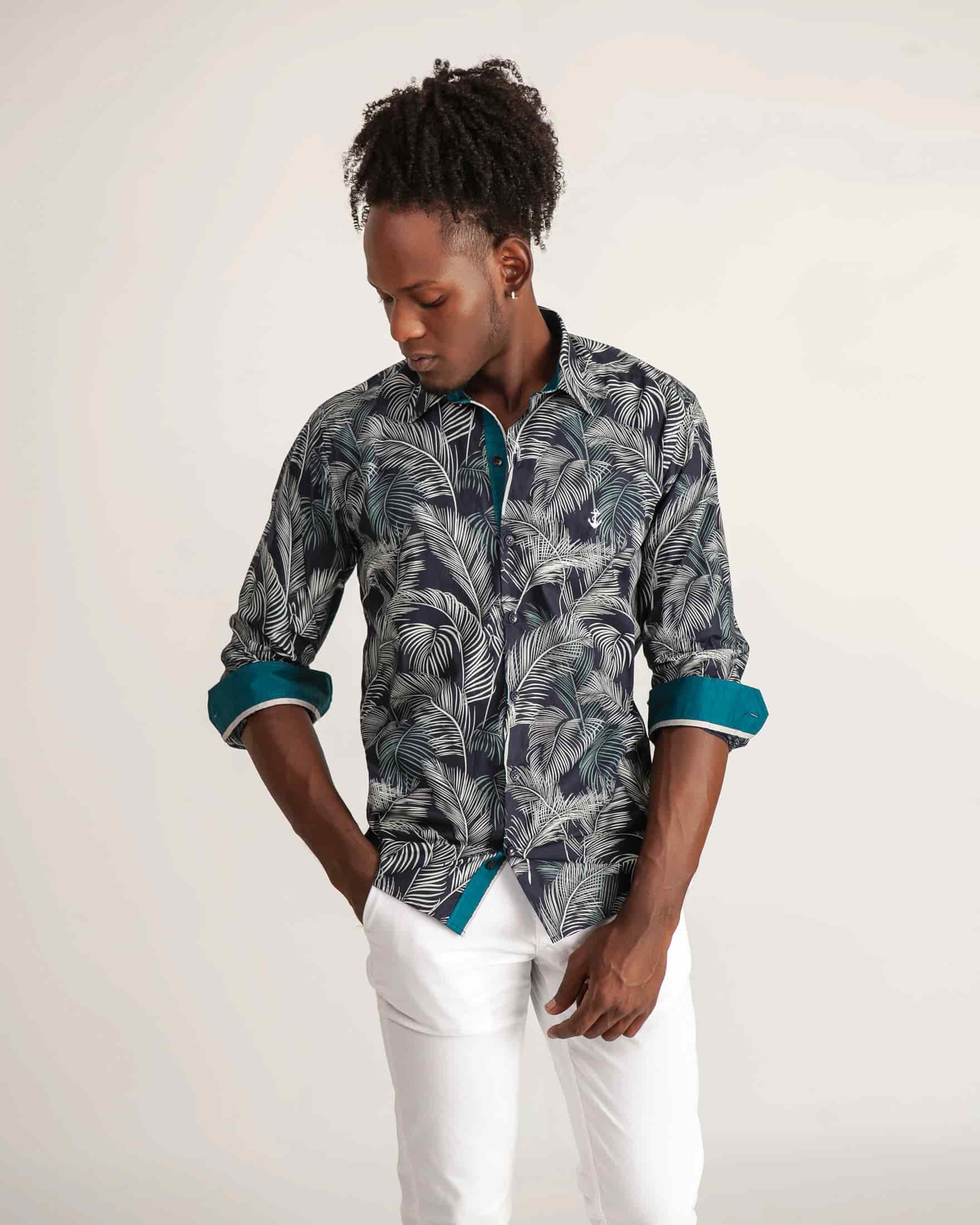 Camisa Navy Palmas Contraste Turquesa - miniatura 2