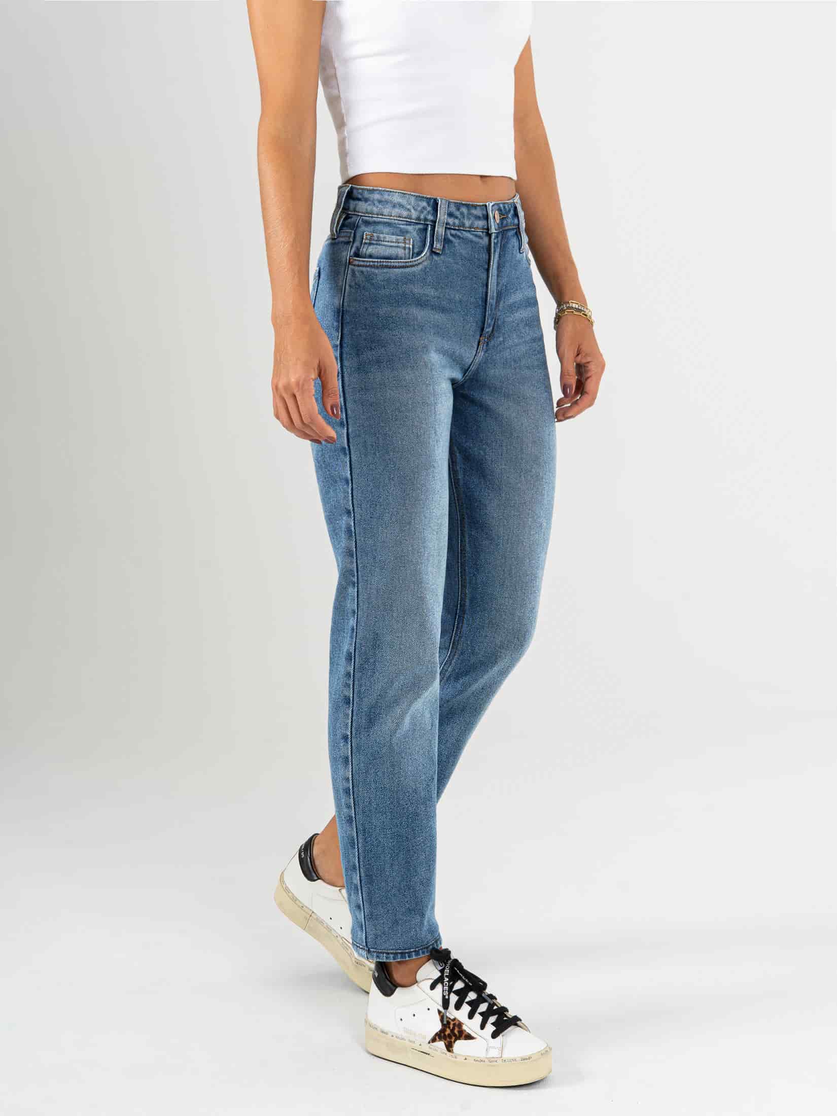 Ref: 065803 Jean Mom fit, slim cropped, stretch, tiro alto, tono azul medio claro - miniatura 2