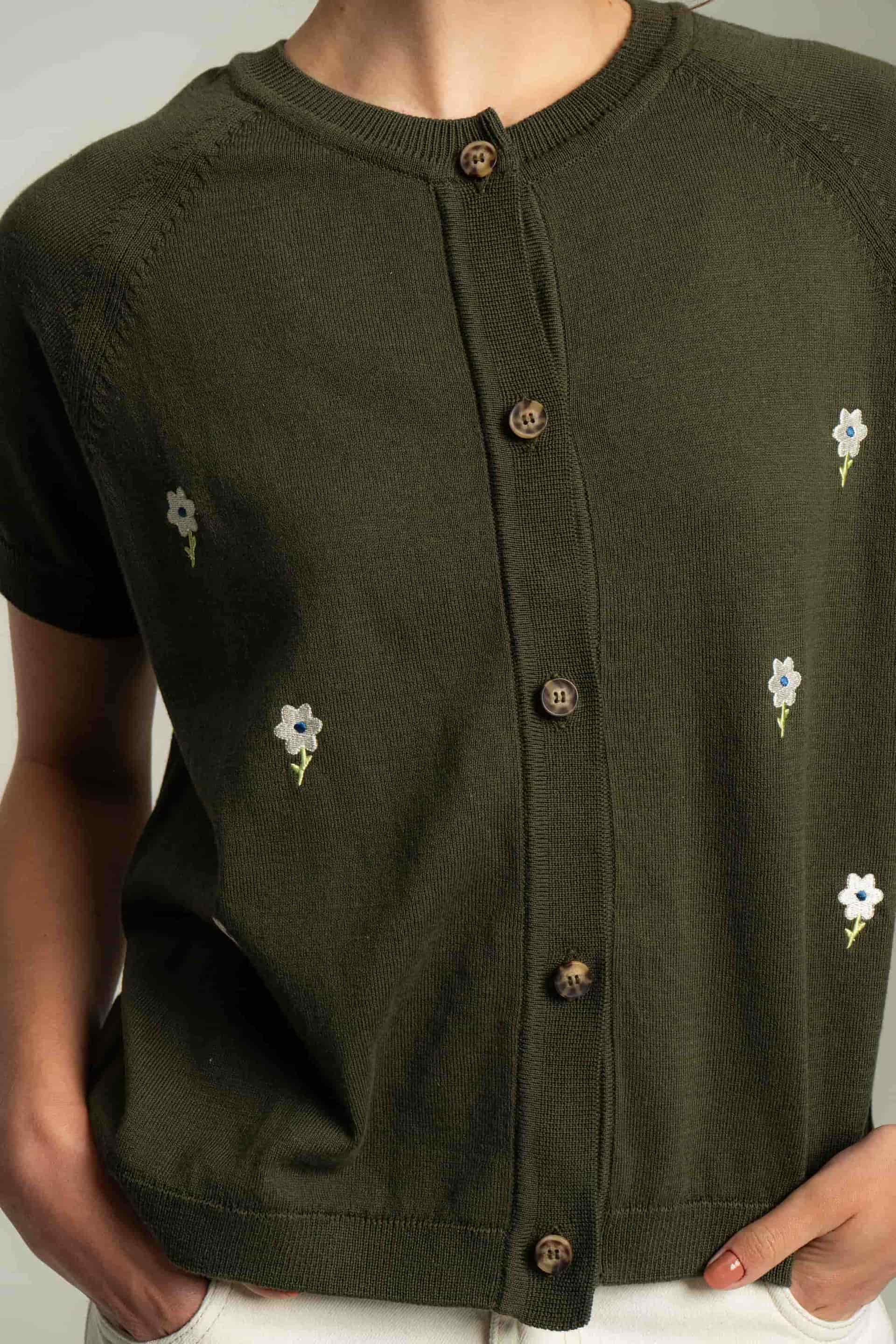Cardigan corto flores bordadas - verde - miniatura 2