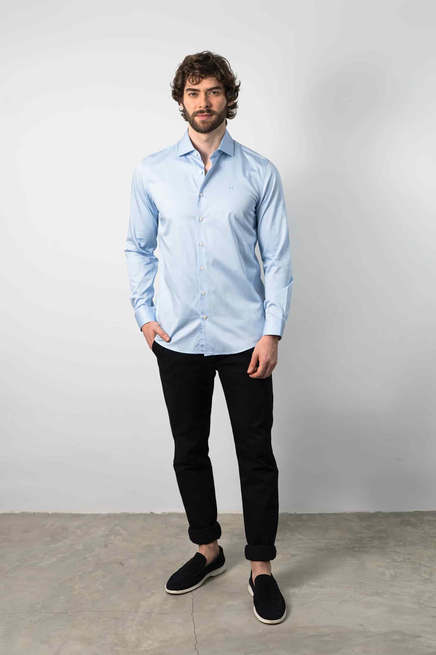 Camisa Manga Larga Azul Celeste/Satín - miniatura 1