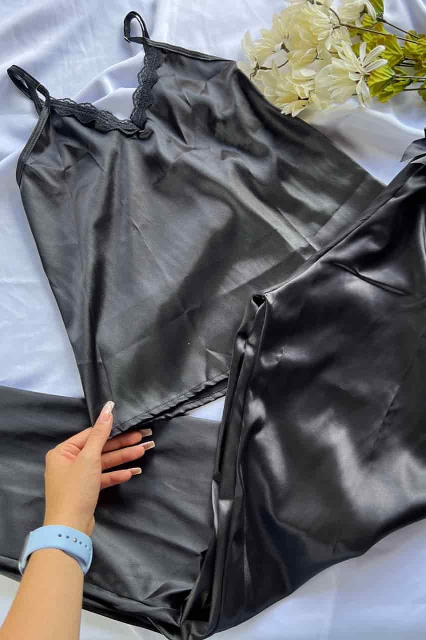 Pijama Pantalón Satín Negra - miniatura 3