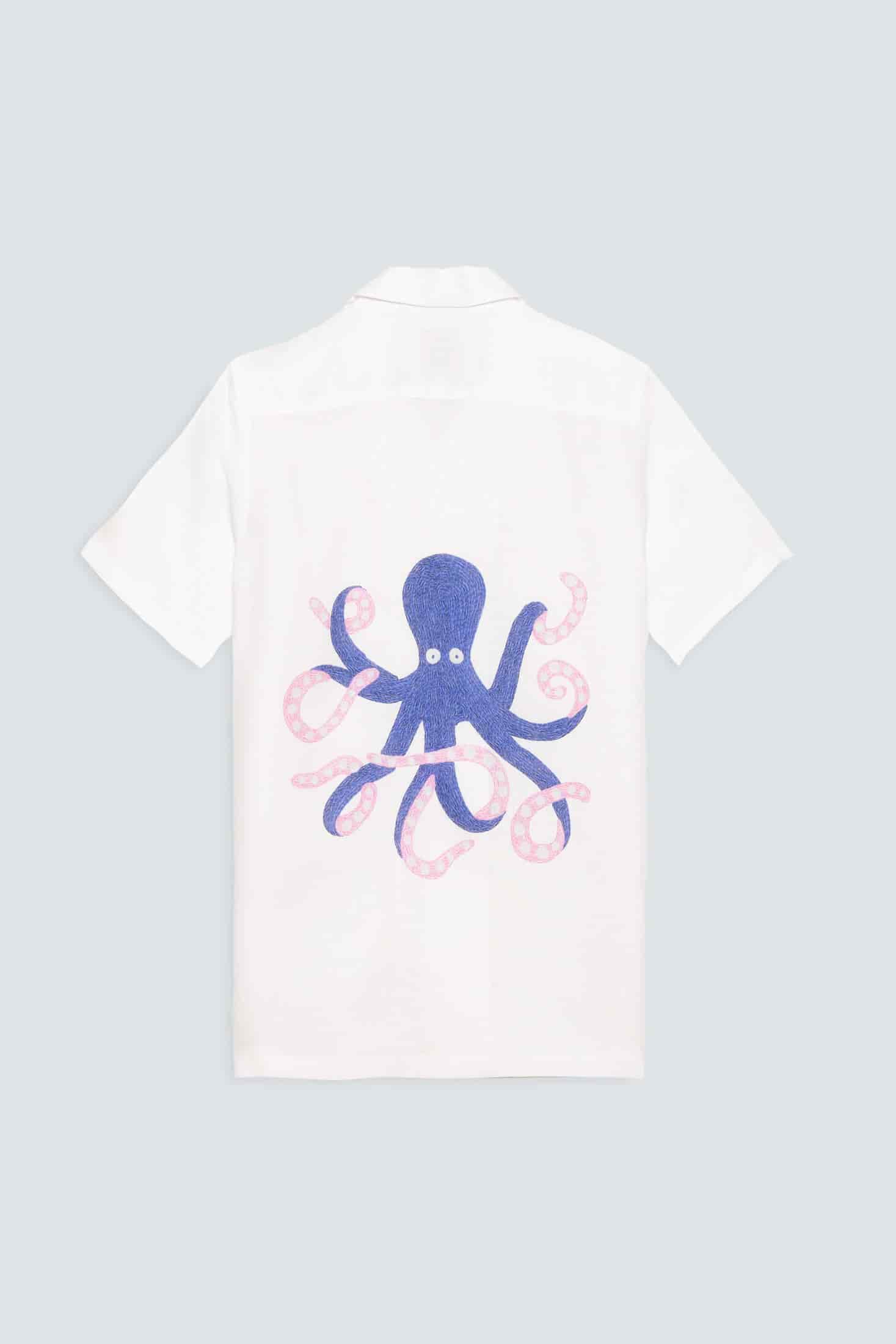 Men's linen shirt white octopus - miniatura 1