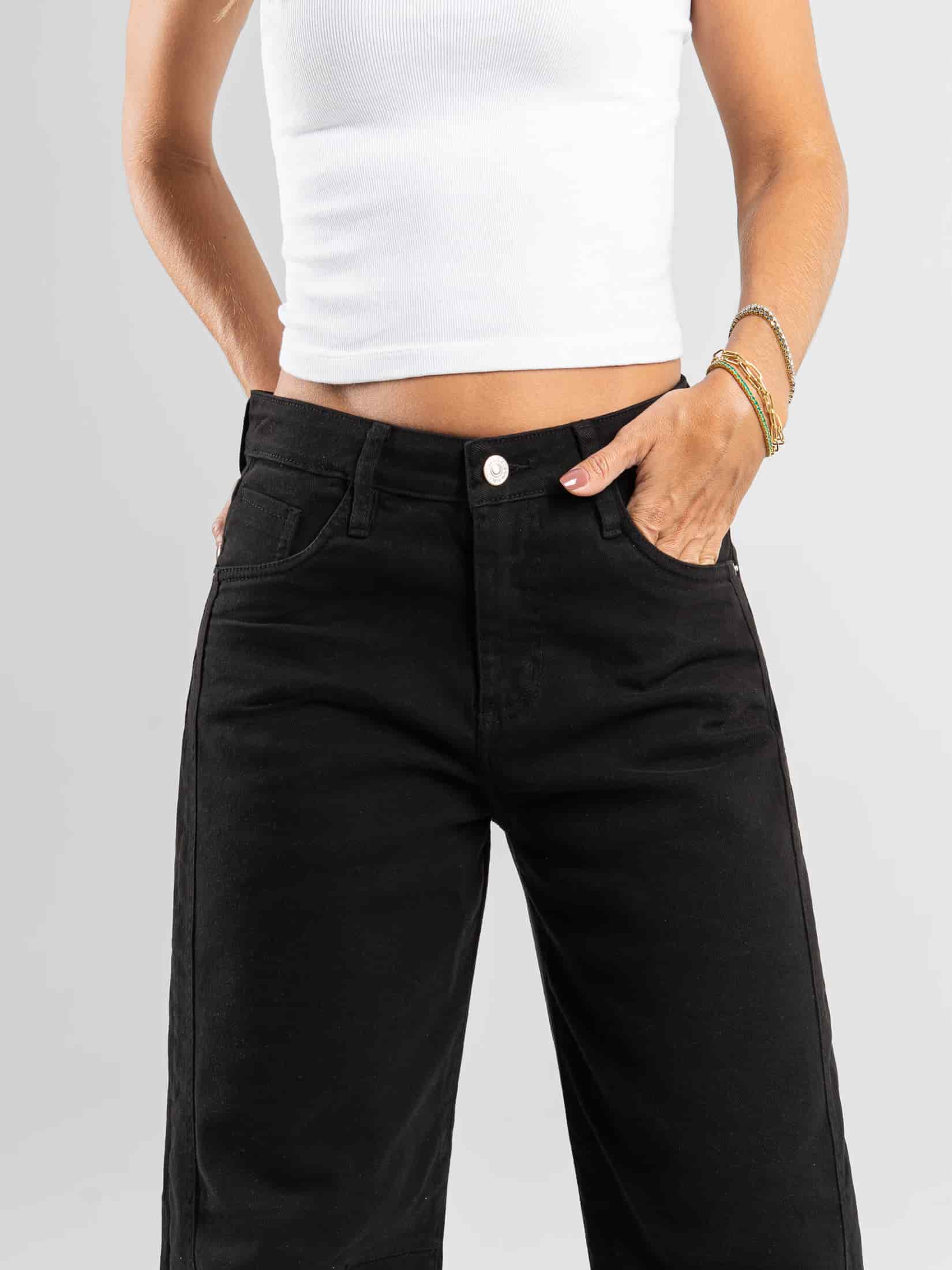 Ref: 0620617 Pantalón wide leg stretch, tiro alto, tono negro, corte en delantero - miniatura 4