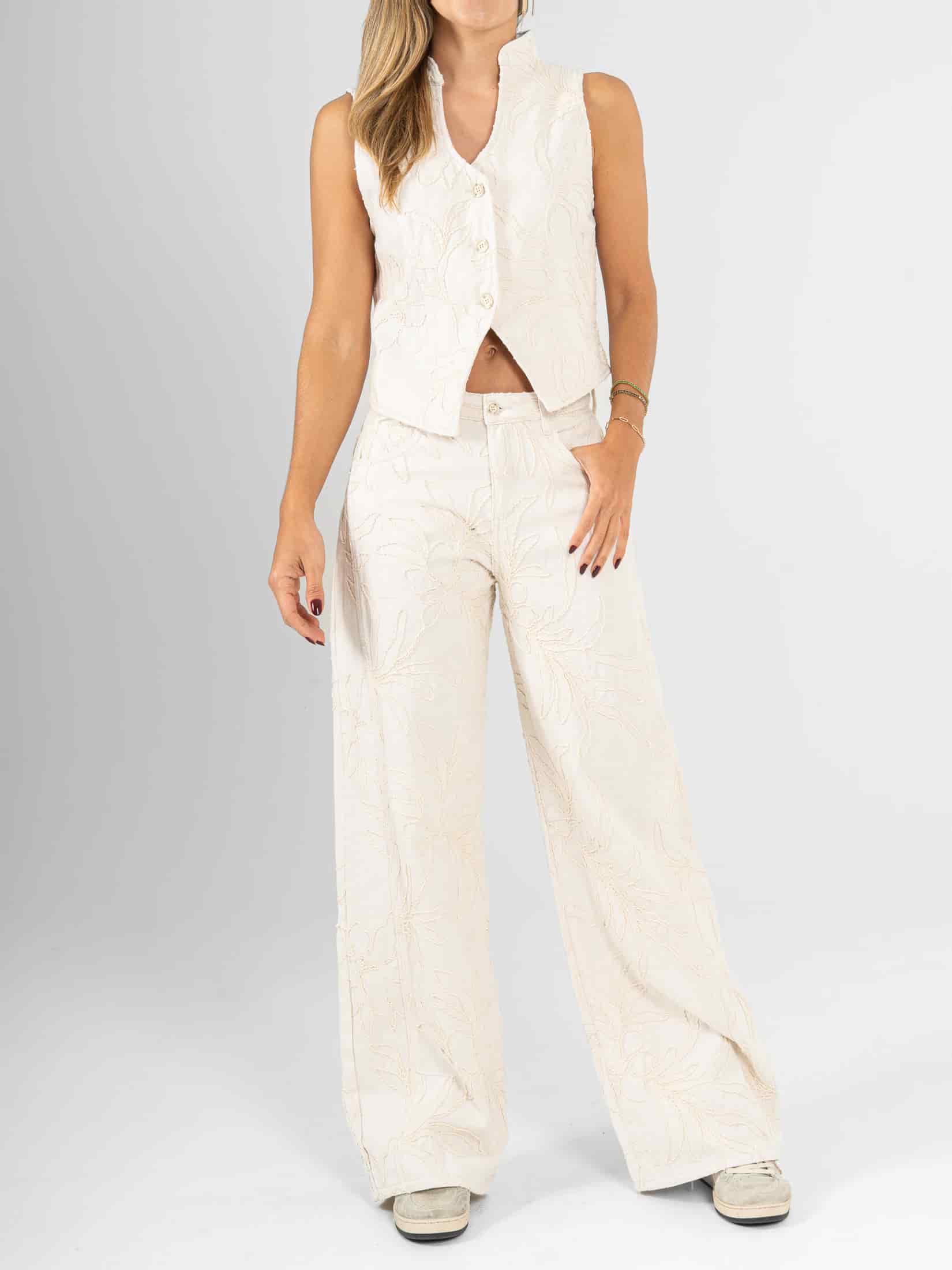 Ref: 0620305 Pantalón wide leg, tiro medio, tela bordada, tono natural - miniatura 1
