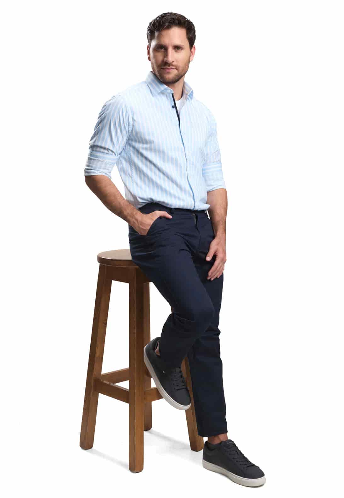 Camisa casual slim fit azul a rayas blancas - miniatura 4
