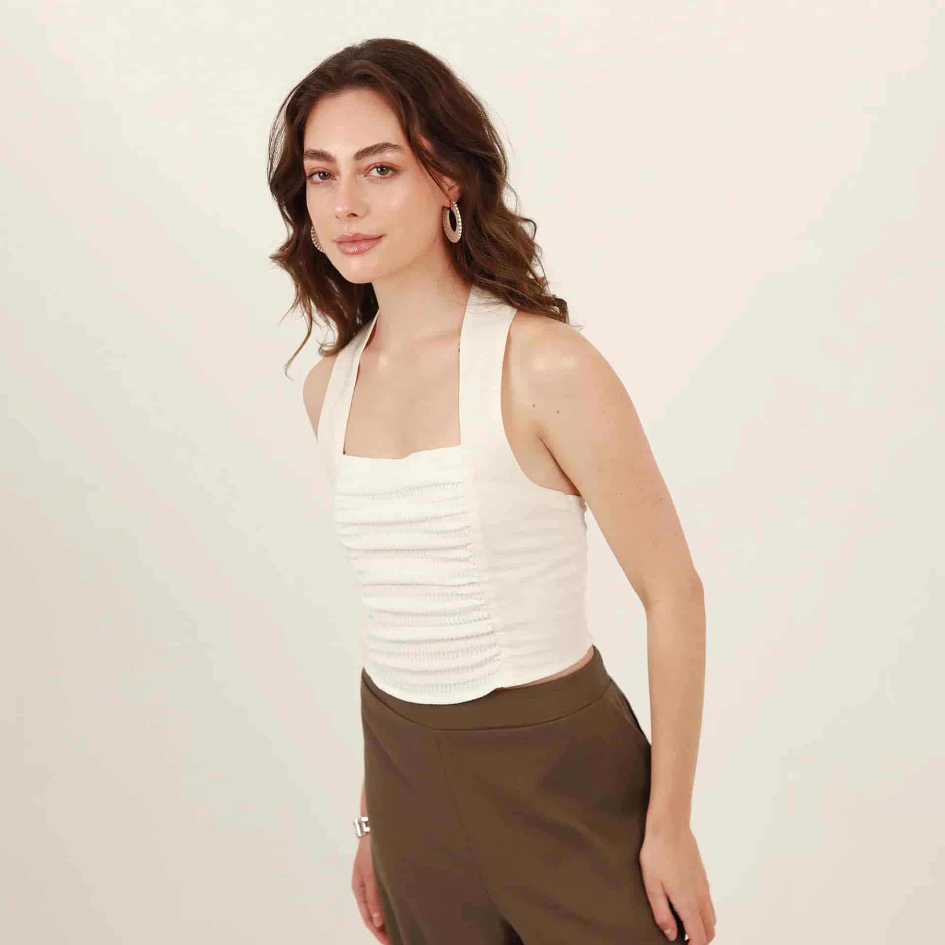 Blusa con lazo en cuello y combinación de tejidos - miniatura 5